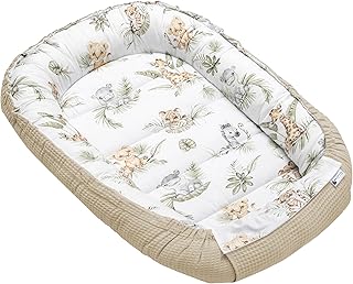 Medi Partners Baby Nest Pod for Newborn Babynest Sleep Bed - 100x60x15 Lounger Essentials 0-12 Months sleeping bilateral Cocoon 100% Cotton Waffle (Safari with grey Waffle)
