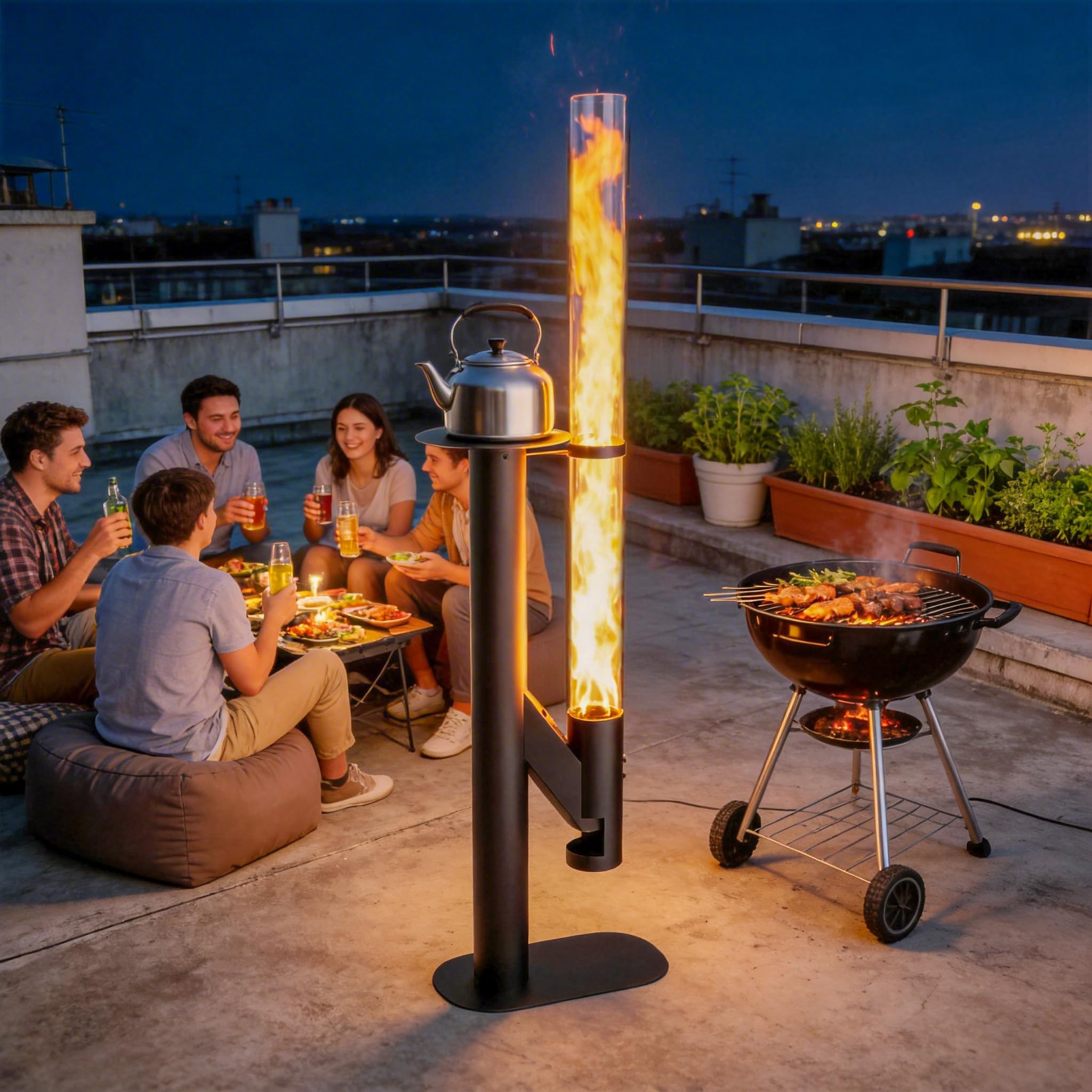 UISEBRT Pellets - Tubo da fuoco 183 cm, con spazzola per la pulizia e superficie di cottura, con scatola di raccolta cenere, stufa a pellet senza fumo, per giardino, terrazza, campeggio, colore nero