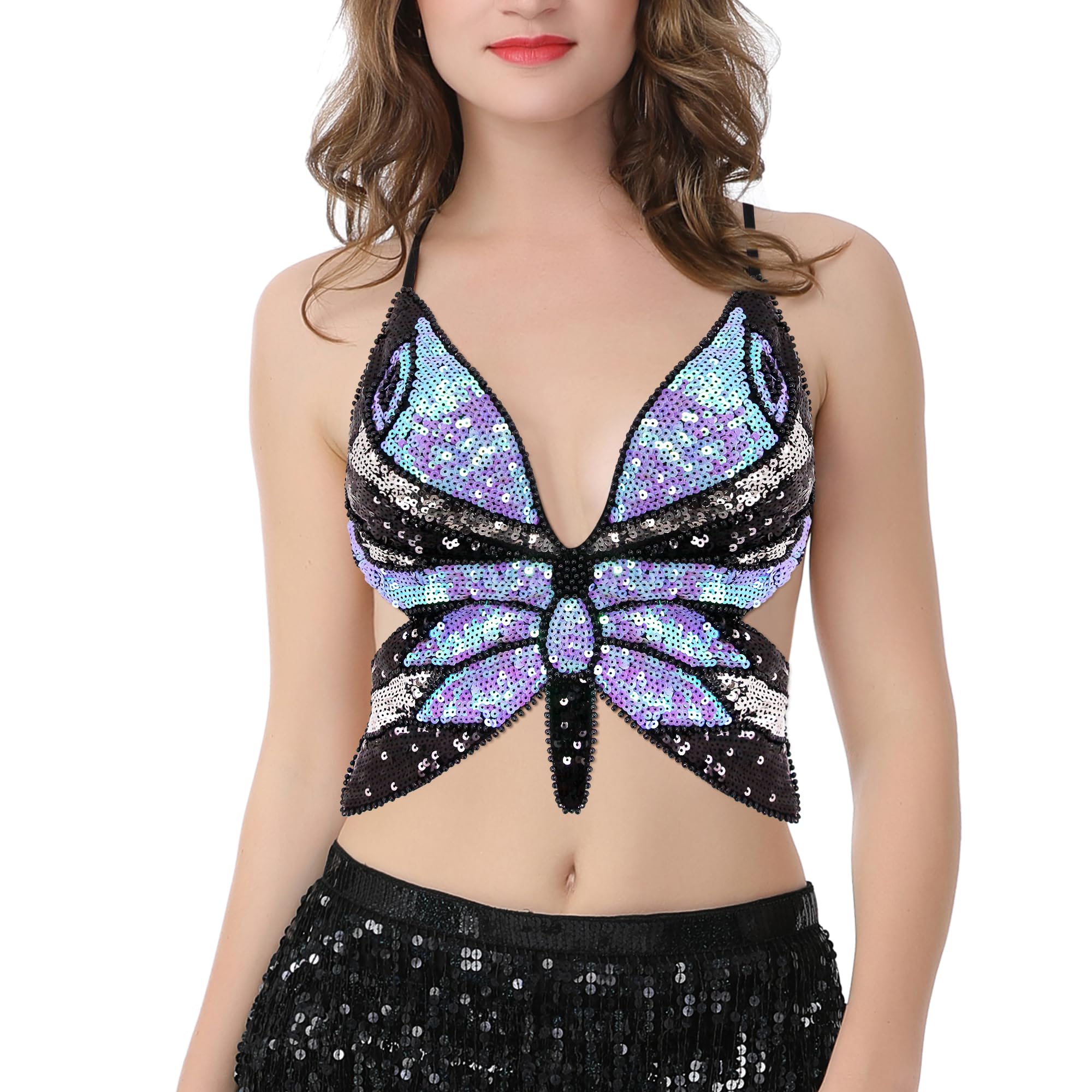 Mocure Womens Sparkly Butterfly Sequin Crop Tops Sexy Trendy Sleeveless Cute Butterfly Halter Tops Rave Wrap Tube Vest Top for Belly Dance Costume Outfits