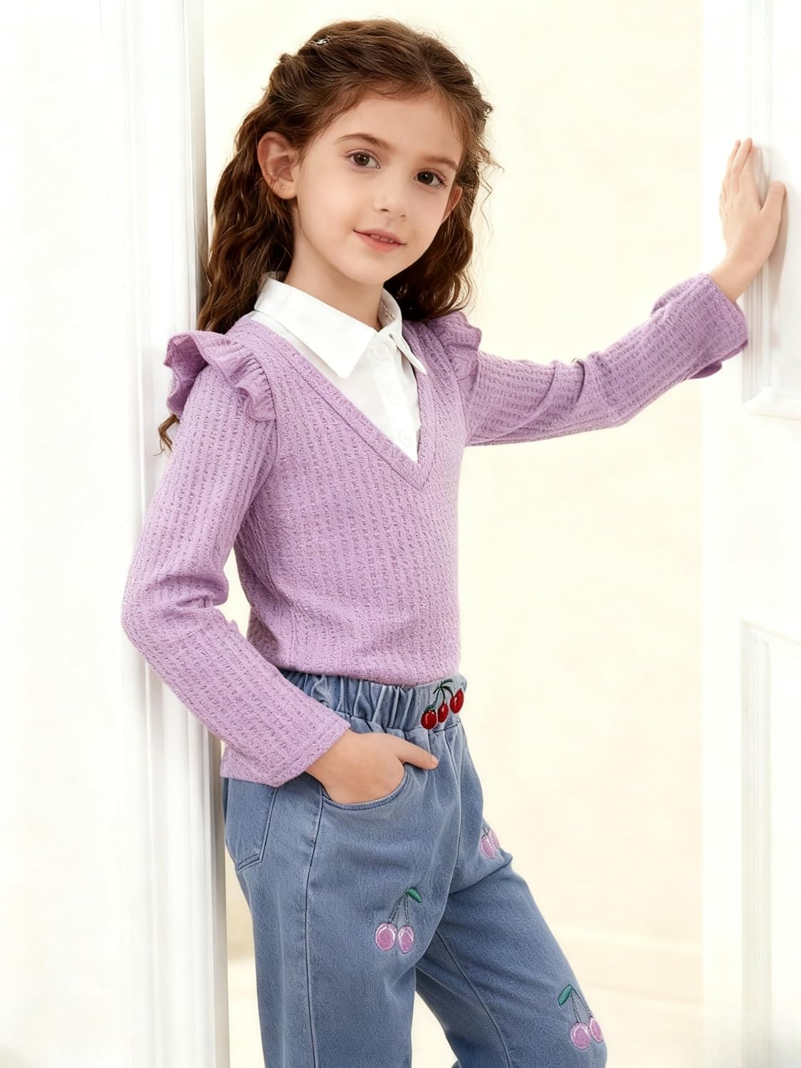 Axumity Kid Girl 2pcs Clothes Spring Summer Outfits Cute Sweet Bowknot Long Sleeve Bowknot Top + Denim Pants Set