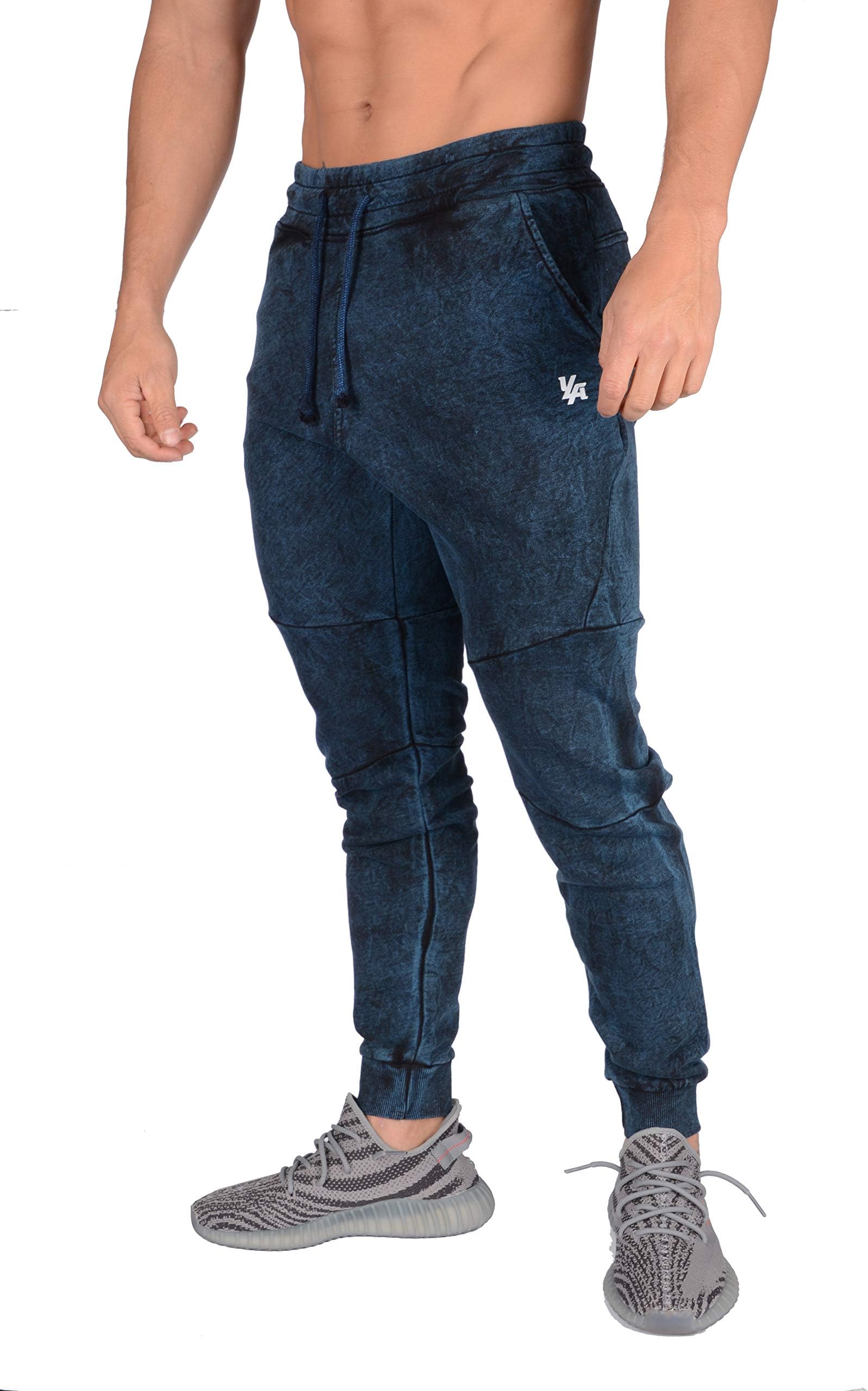 YoungLA Authentic Joggers for Men | Cuffed Tapered Slim Fit Sweatpants | Gym Sports Activewear Workout Clothes with Zipper Pockets 212 Blue Washed X-Large