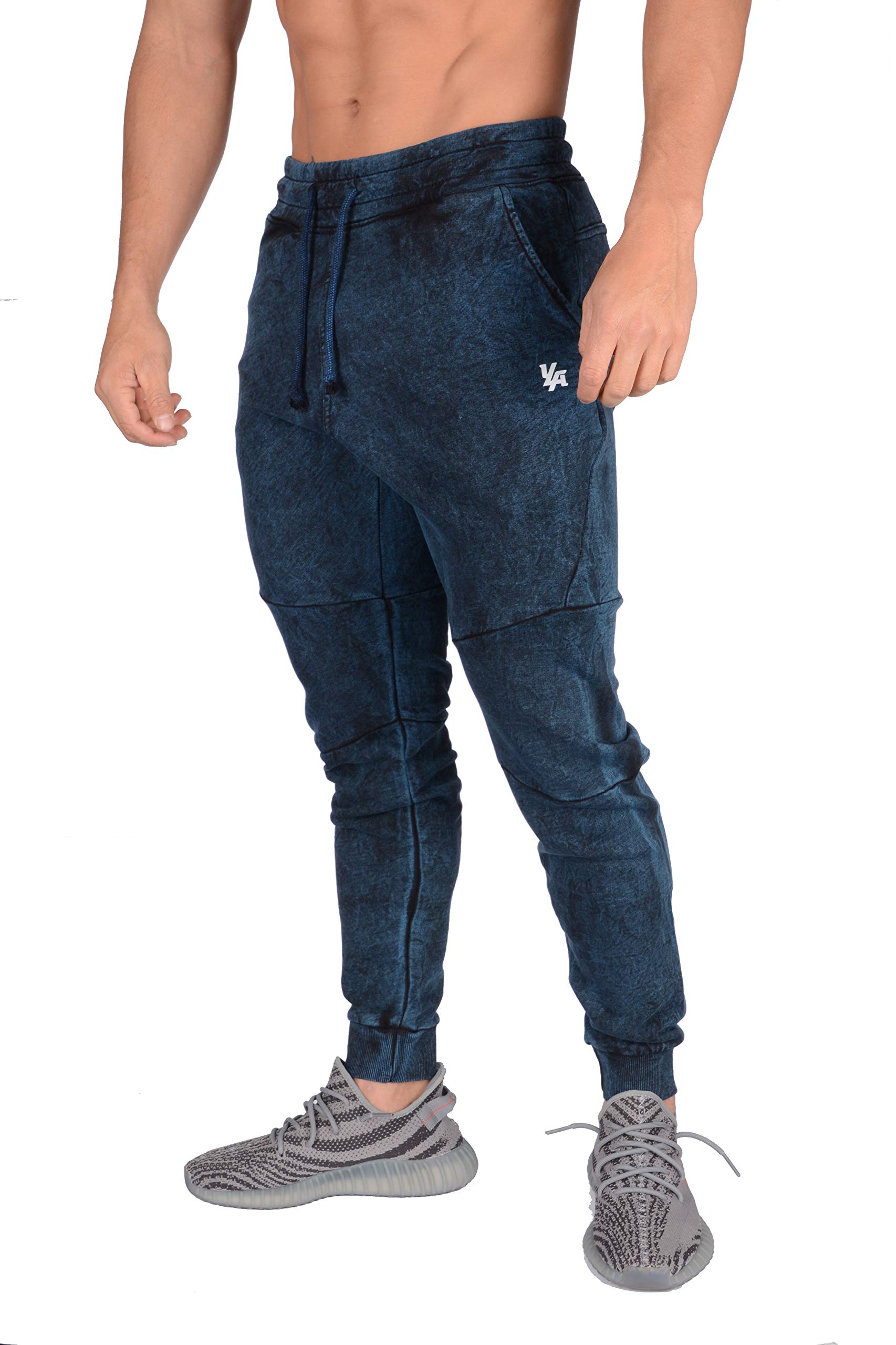 YoungLA Authentic Joggers for Men | Cuffed Tapered Slim Fit Sweatpants | Gym Sports Activewear Workout Clothes with Zipper Pockets 212 Blue Washed X-Large