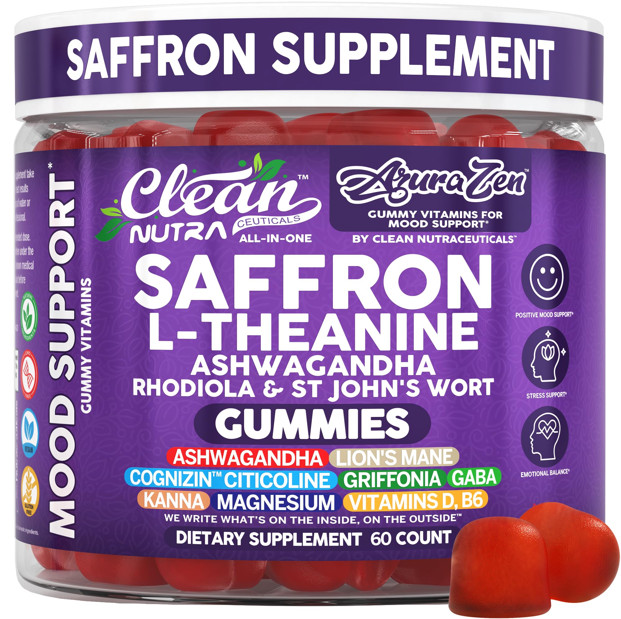AuraZen Mood Support Saffron Gummies L-Theanine Ashwagandha Rhodiola St John's Wort Lions Mane GABA Vitamin D Magnesium Supplement | Calm Vegan Plant-Based Herbal Gummy By Clean Nutra