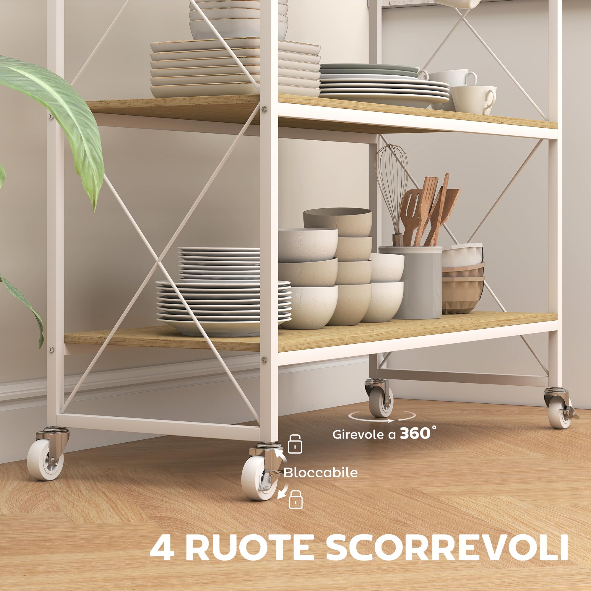 HOMCOM Carrello da Cucina a 4 Livelli con Portabottiglie e 5 Ganci Rimovibili, Carrello Portavivande Salvaspazio con Ruote a Freno in Legno e Metallo, 96.5x38x96.7 cm, Color Legno