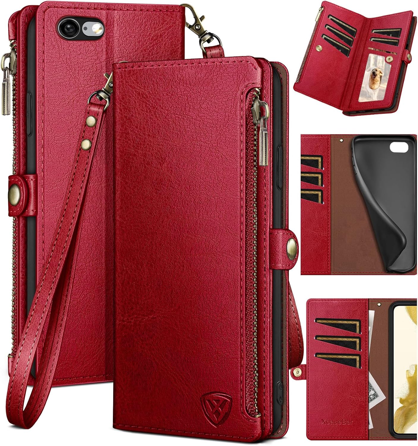 XcaseBar for iPhone 6S Plus/6 Plus 5.5" Wallet Case with Zipper Credit Card Holder, Flip Folio Book PU Leather Phone Case Shockproof Cover Women Men - Wine Red