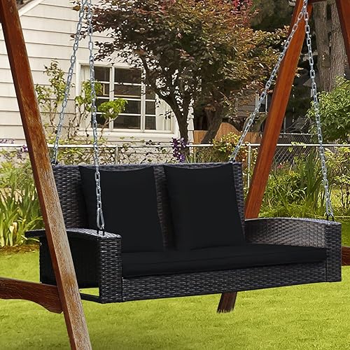 Miniatura 4 de RELAX4LIFE Columpio de porche de 2 asientos, columpios de mimbre para porche al aire libre con dos cadenas de acero sólido de 7.9 pies, cómodos
