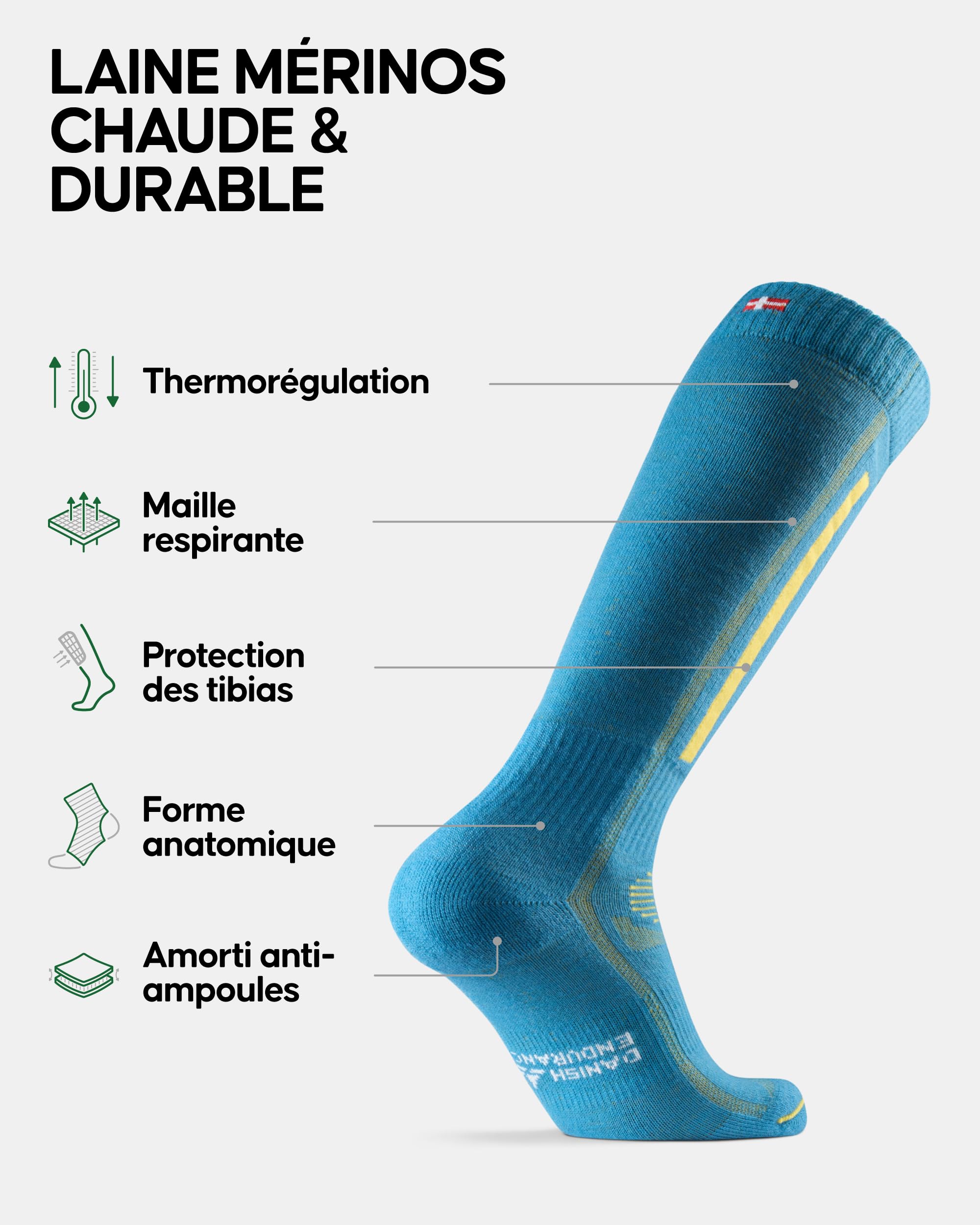 DANISH ENDURANCE Chaussettes de Ski Thermiques en Laine Mérinos, Chaudes, Protège-tibias, pour Hommes et Femmes, 1 Paire
