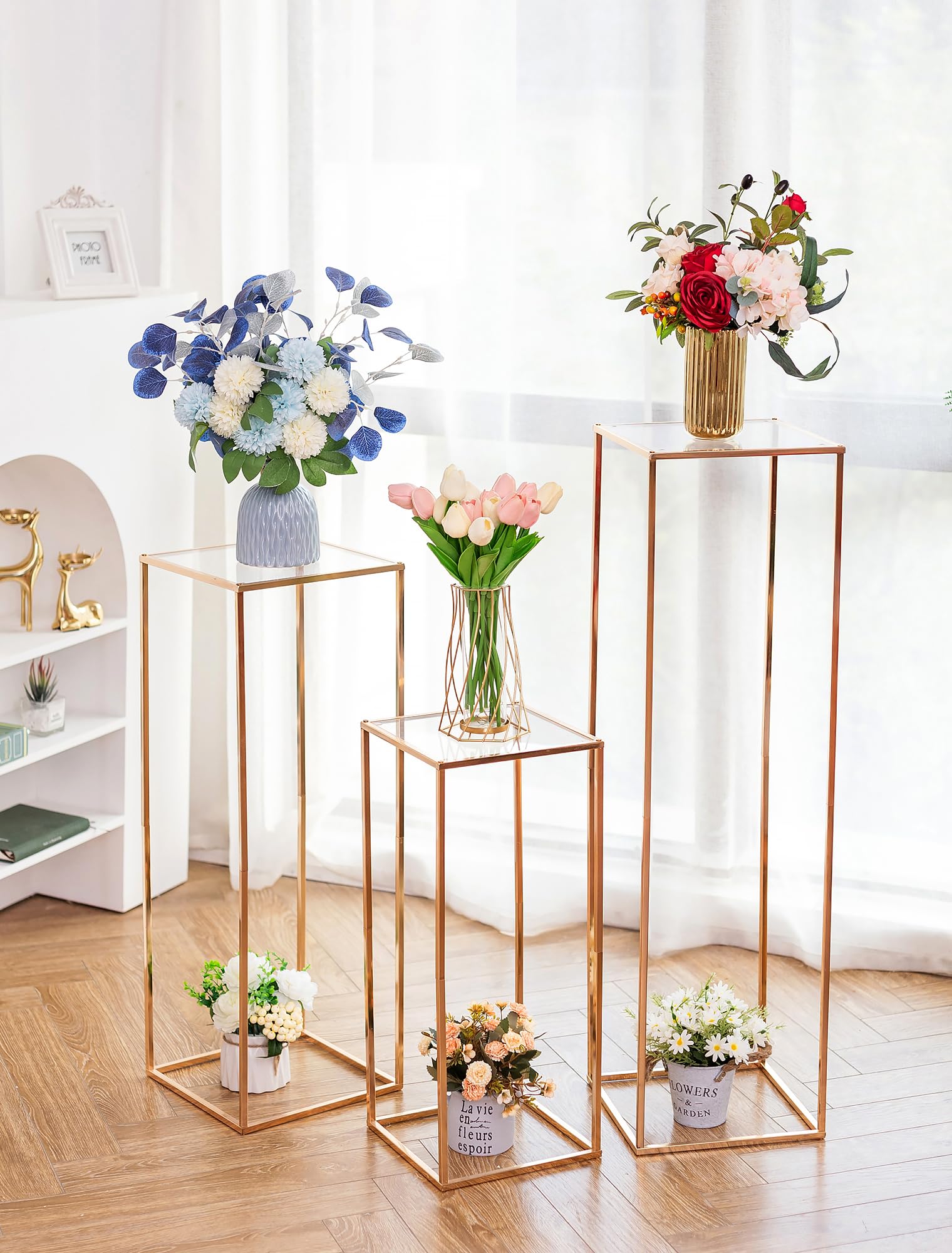 Amazon.de: Inweder Gold Blumenstnder Hochzeit Deko - 3 Stck MetallSule  Vasen mit Acrylplatte Hoher BodenVasen Rechteckige Vasen Pflanzenstnder  Geometrische Blumenregale fr Tisch Mittelstcke Wohnzimmer
