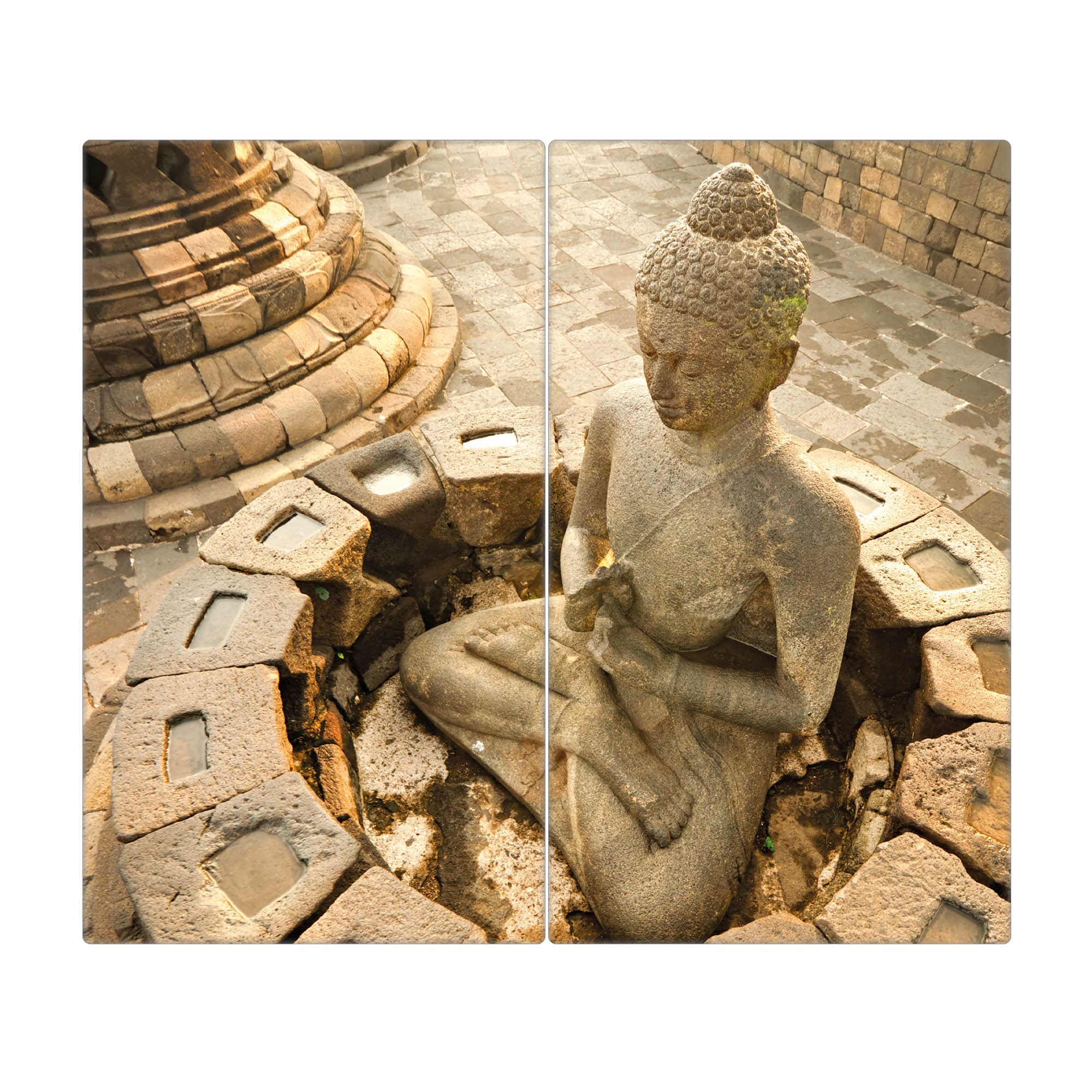 banjado Herdabdeckplatte Glas 2-teilig 60x52cm - Schneidebrett Herdabdeckung - Herdabdeckplatten Ceranfeld 2-teilig - Schneidebrett Glas - Motiv Sitzender Buddha
