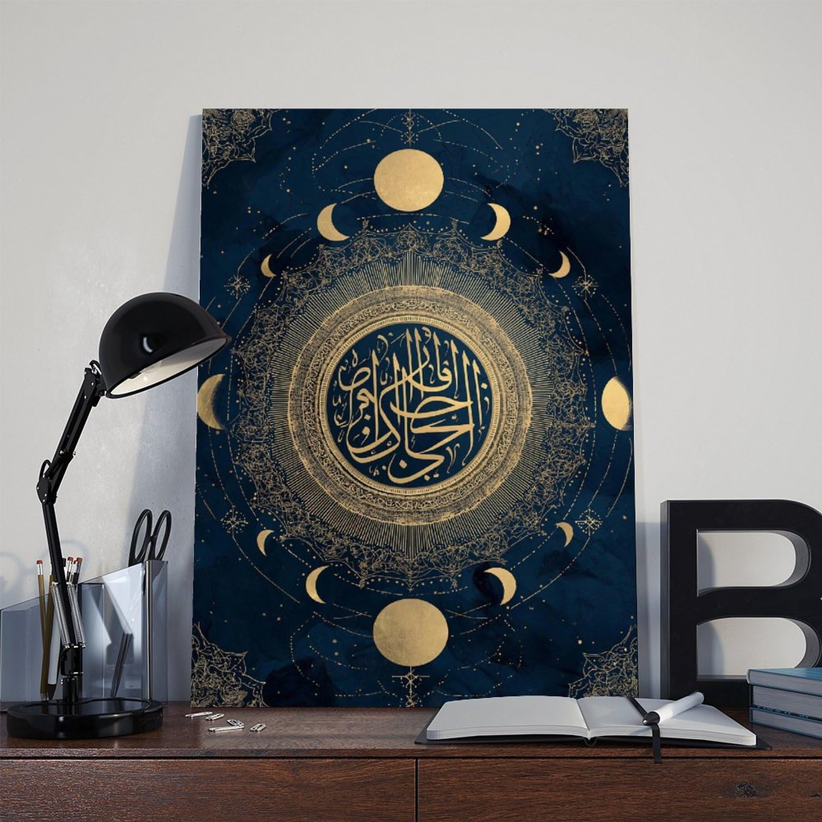 YWTJAX Poster su tela con fasi lunari, color oro, blu navy, per la