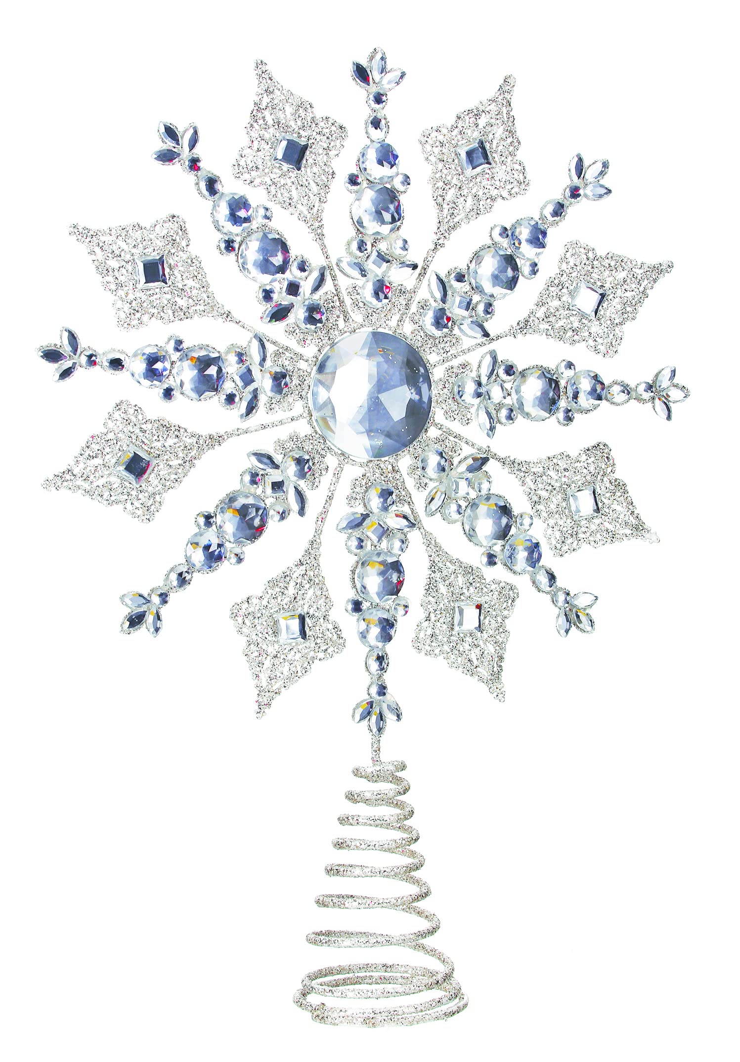 RIBC Glittered and Jeweled Metal Snowflake Design Christmas Tree Topper, White Lace Design, 14 inches High x 10 Wide