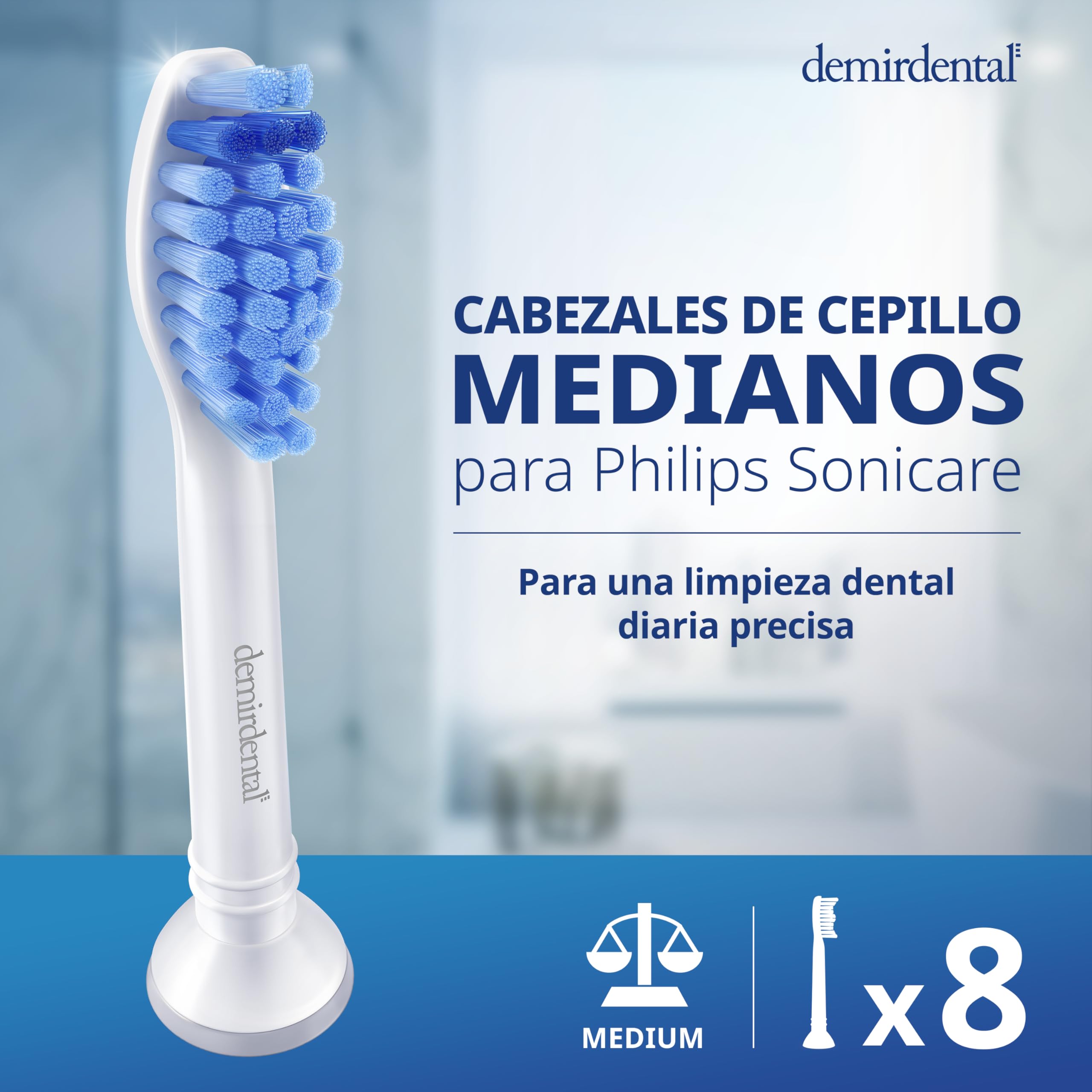 Pack con 8 cabezales demirdental compatibles con los recambios de Philips Sonicare, cepillos de dureza media, corresponde a HX6018