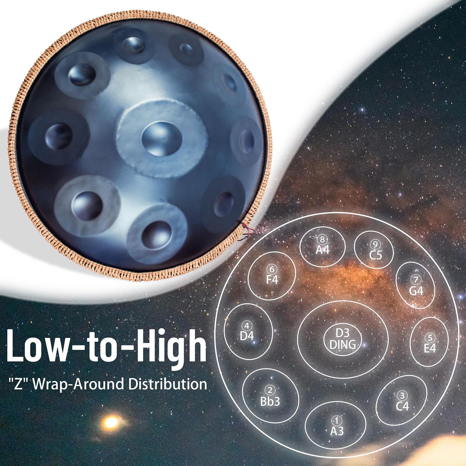 Tamburo Handpan Da 22 Pollici Per Adulti, Re Minore Curdo 9 Note 423 Hz/440 Hz Strumento A Percussione Professionale Handpan In Acciaio, Per Meditazione, Musicoterapia, Spettacoli Dal Vivo(A)