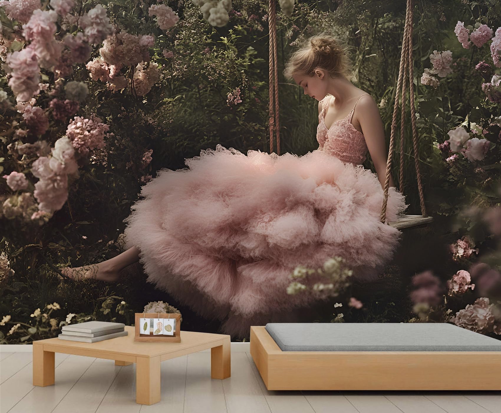 Romantic Girl 3D Wallpaper, Garden Scenery Wall Mural, Pastoral Style Murals for Living Room Bedroom TV Background Office Decor - 390x260cm — image 1