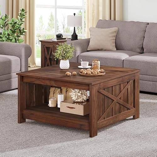 Miniatura 45 de YITAHOME Mesa de centro de granja con almacenamiento, mesa de cóctel de madera rústica, mesas de centro cuadradas para sala de estar, sala de Gris