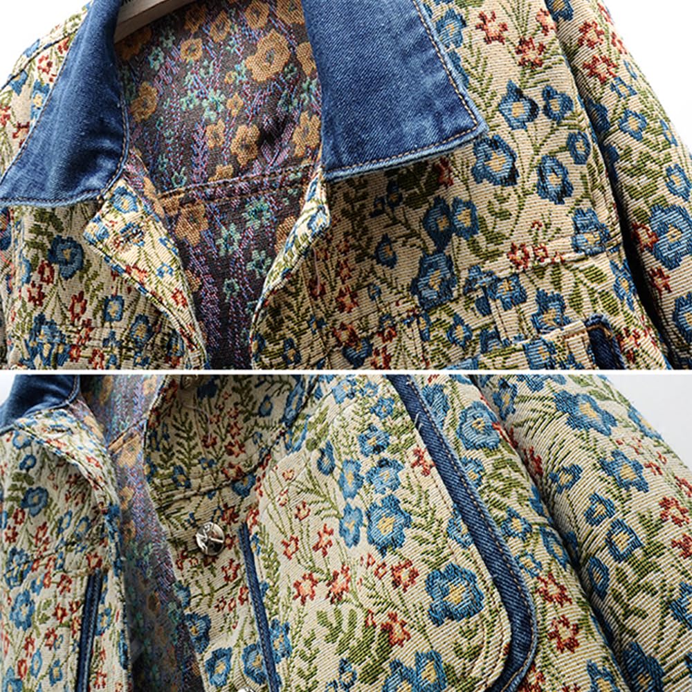 Genérico Moda para Mujer Patrón Floral Retro Solapa Clásica Versátil Chaqueta De Mezclilla Recortada Primavera Y Otoño Elegante Tendencia Callejera Chaqueta De Manga Larga