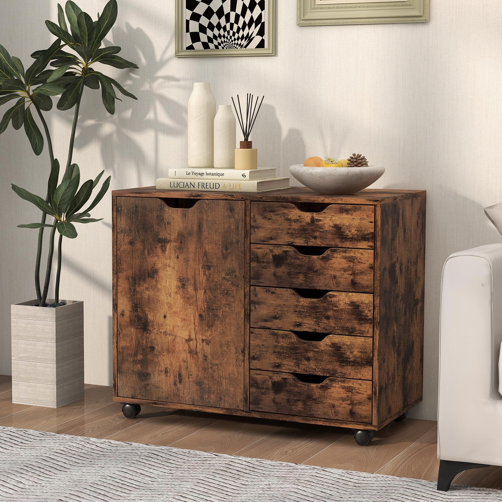 GOPLUS Rollcontainer mit Schubladen, mobiler Aktenschrank mit Schrank, Büroschrank mit 5 Rollen, für Drucker & Bücher, 78 × 39 × 65cm (Rustikales Braun)