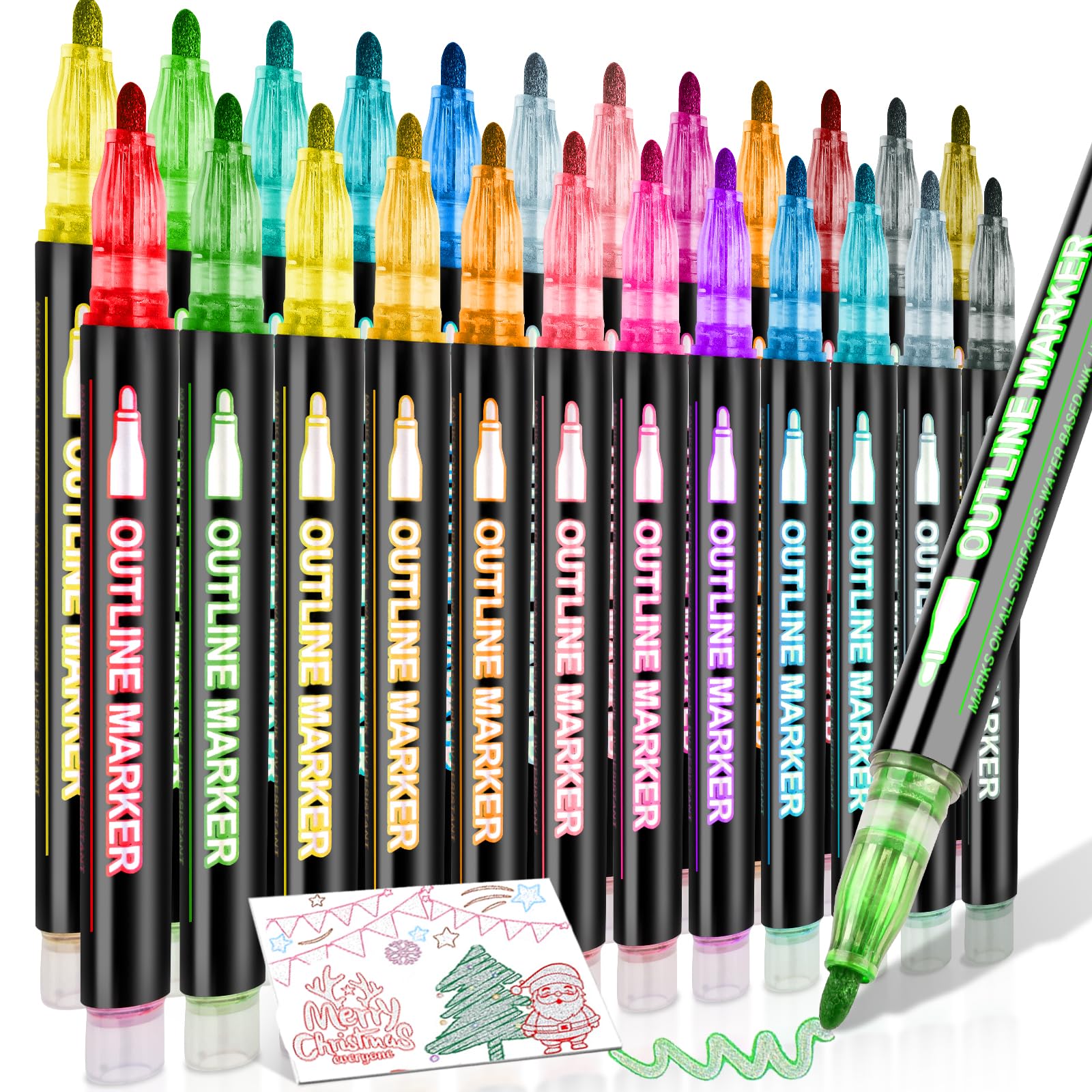 swihorab 24 Colors Outline Glitter Markers, Double Line Shimmer Marker Pens for Christmas Greeting Cards, Outline Pens for Art Supplies for Scrapbook Crafts DIY Art Crafts