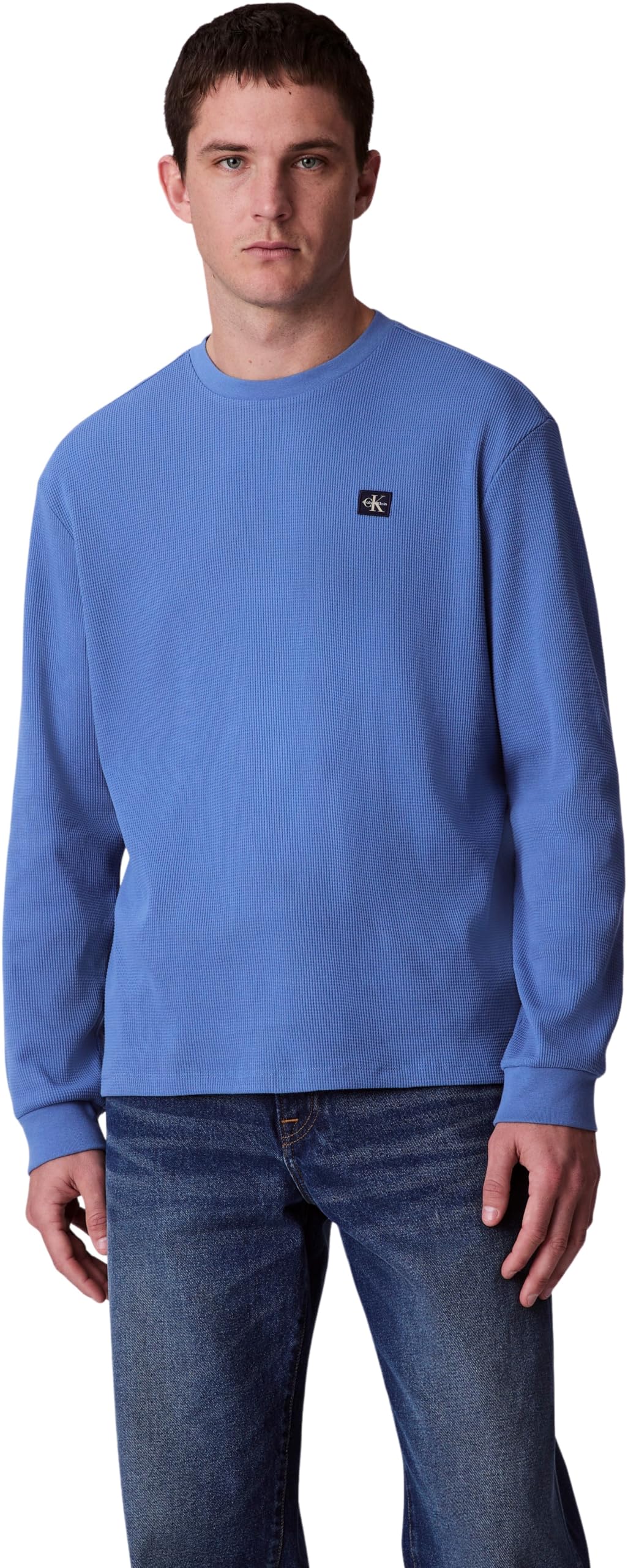 Calvin Klein Men’s Waffle Badge Long Sleeve Top with Round Neck, Blue (Dull Nile Blue), S
