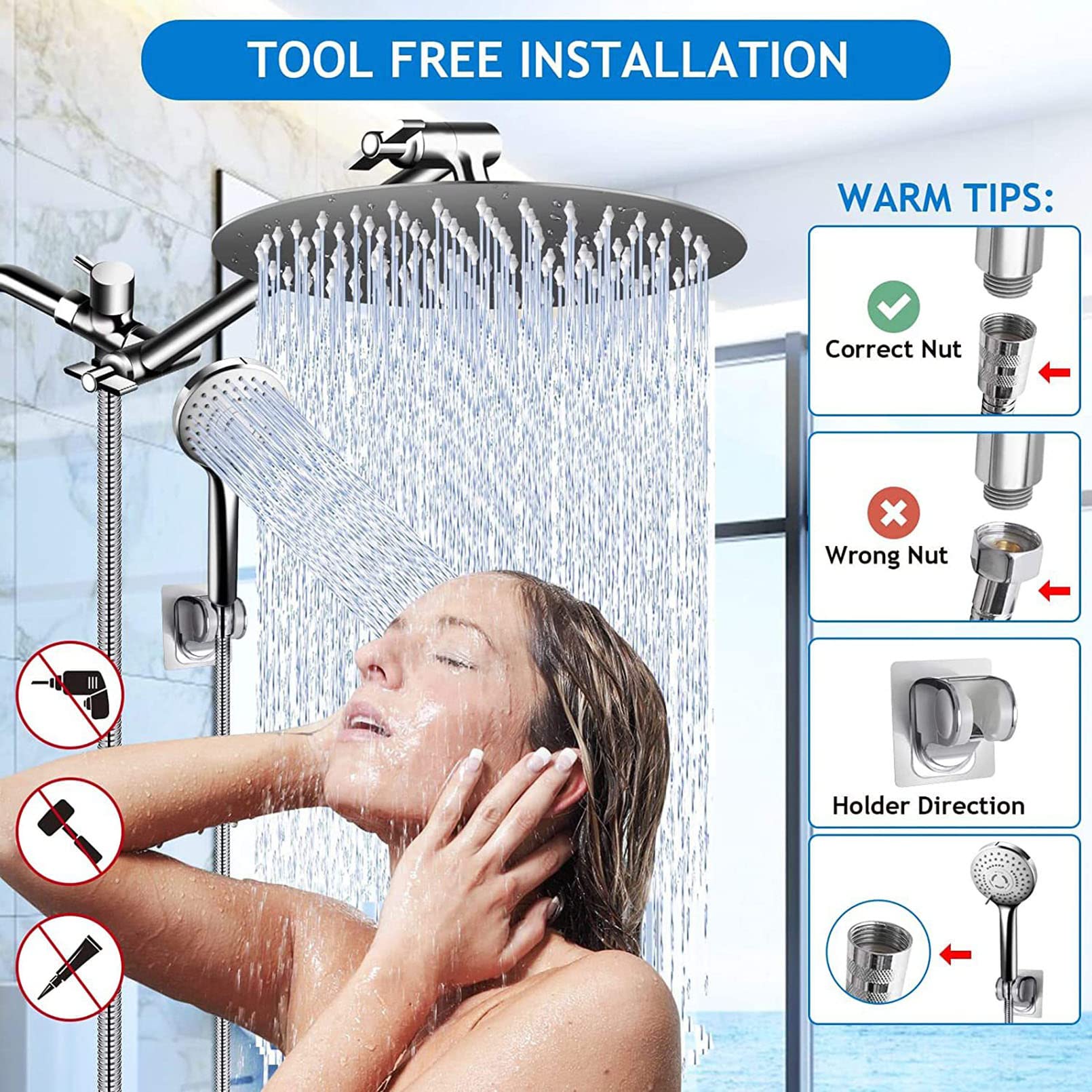 Cabezal de Ducha de Alta presión con rociador de Mano, Sistema Dual 2 en 1 con Soporte Ajustable y Manguera de 60 Pulgadas, Ducha de baño de Flujo montado en la Pared, Acabado crom