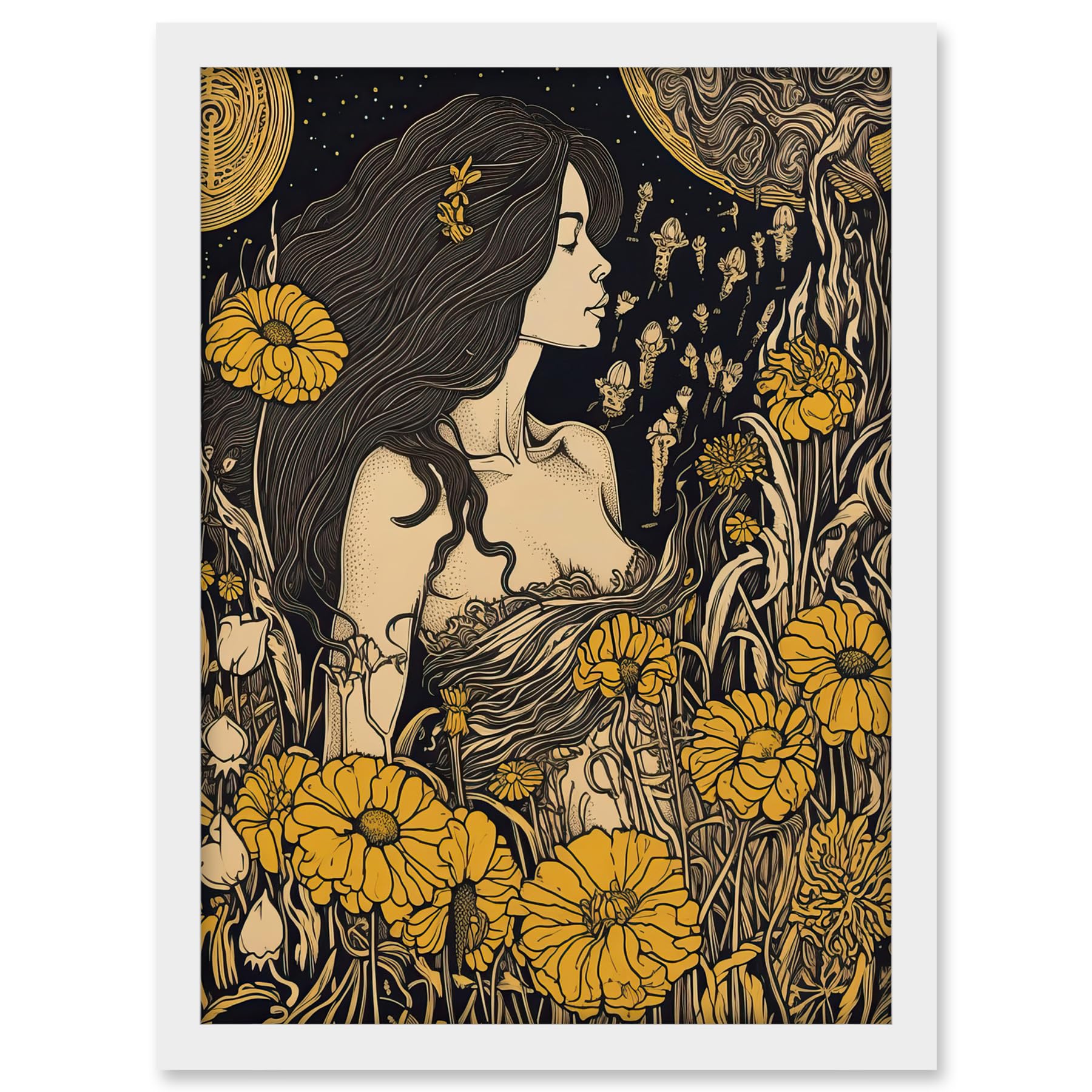 Artery8 Woman in Flower Field Midsummer Night Illustration Artwork Framed A3 Wall Art Print