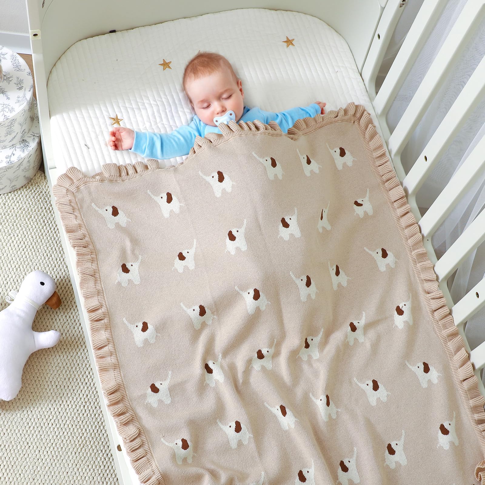 mimixiong Cotton Baby Blanket Soft Knit Ruffle Blankets Cartoon Elephant for Newborn Boys and Girls (Camel) - Image 4
