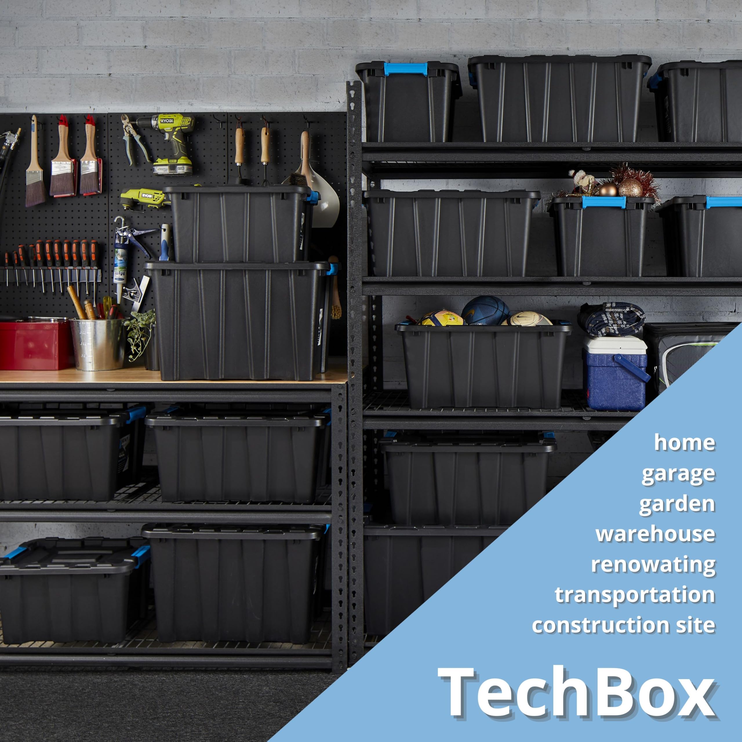 IDEA HOME Set di 5 Contenitori 40 L con Coperchio TechBox HD – Casse Robuste Impilabili in Plastica HD – Box Organizer per Garage, Officina, Attrezzi e Accessori
