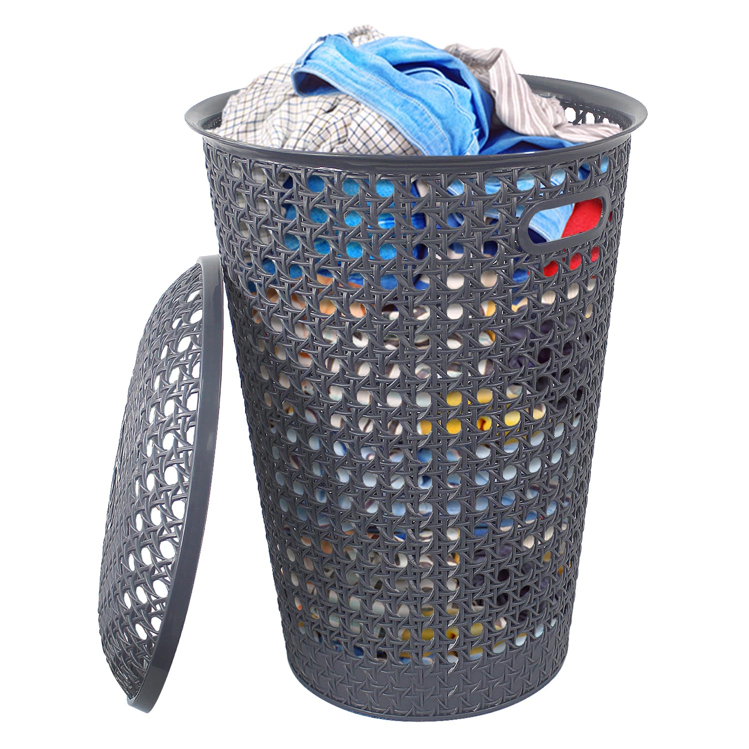 Daniel James Laundry Washing Basket 48L Hamper Storage Linen Clothes Lid Rattan Style Plastic Grey