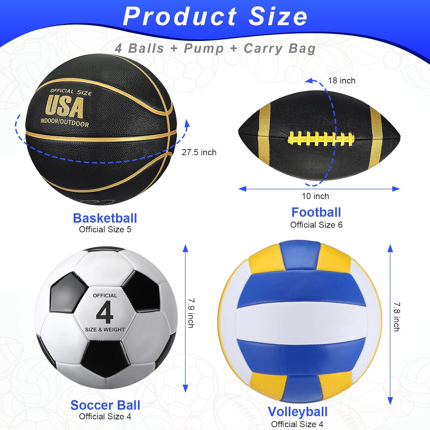 HyDren 4 Pcs Assorted Sports Balls Set for Kids Back to School Recess PE Equipment Official Size Basketball, Soccer, Football, Volleyball with Carry Bag and Pump for Outdoor Playground Gift