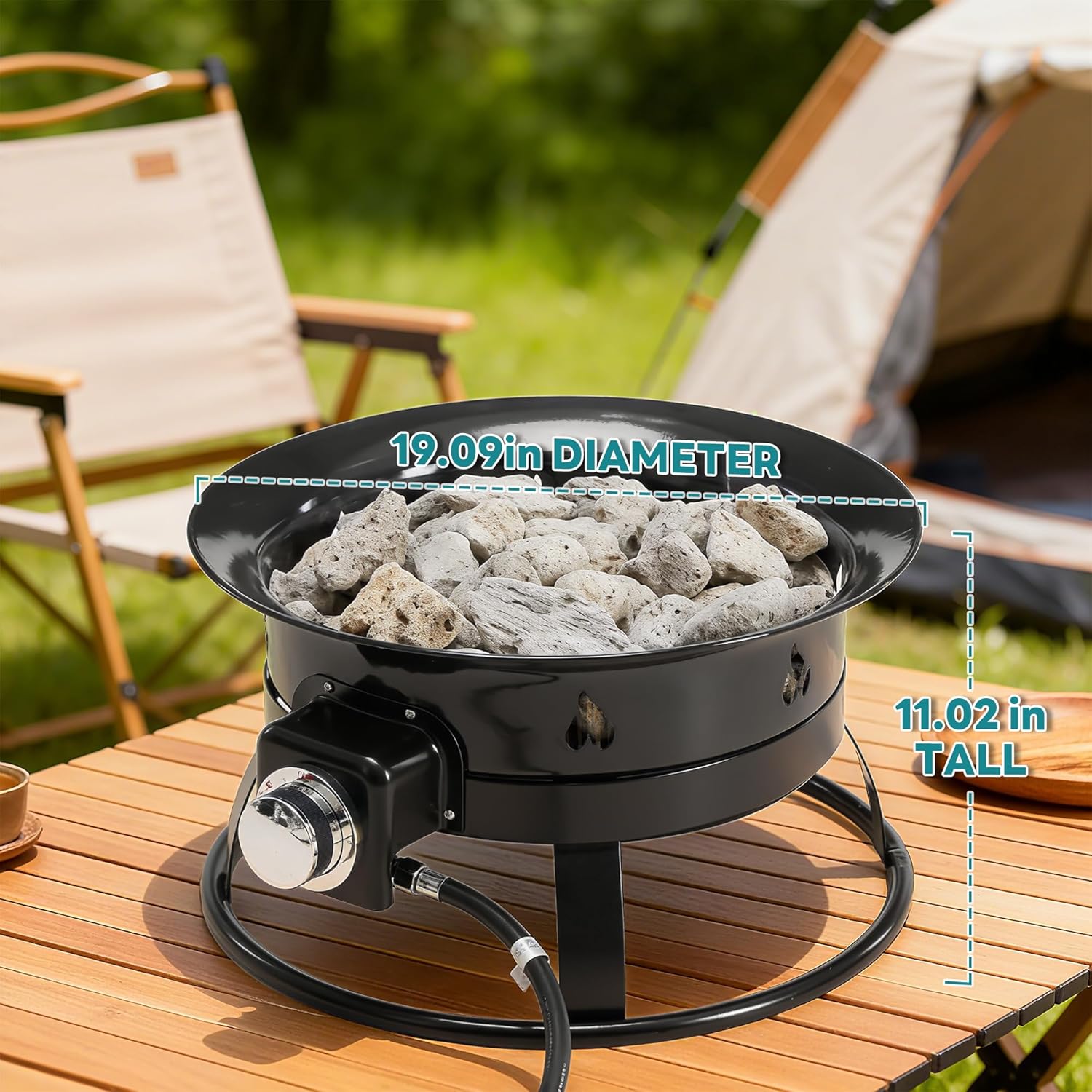 OLIXIS 19 Inch Portable Propane Fire Pit for Camping, Smokeless Gas Fire Pit Bowl with Cover and Carry Kit, 58,000 BTU Outdoor Fire Pit, Round Fire Bowl for Patio/Backyard/RV/Tailgating, Black