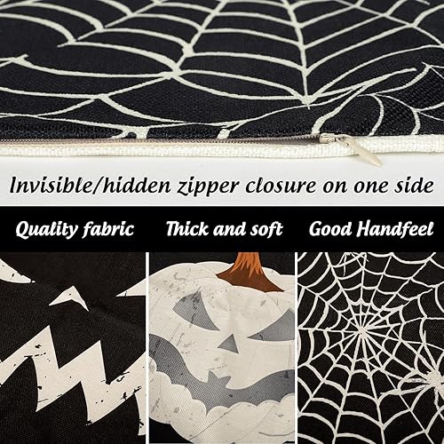 Miniatura 3 de Whaline Funda de almohada de 20 x 20 pulgadas con diseño de telaraña de calabaza, funda de cojín de lino negro, para decoración de sofá cama de