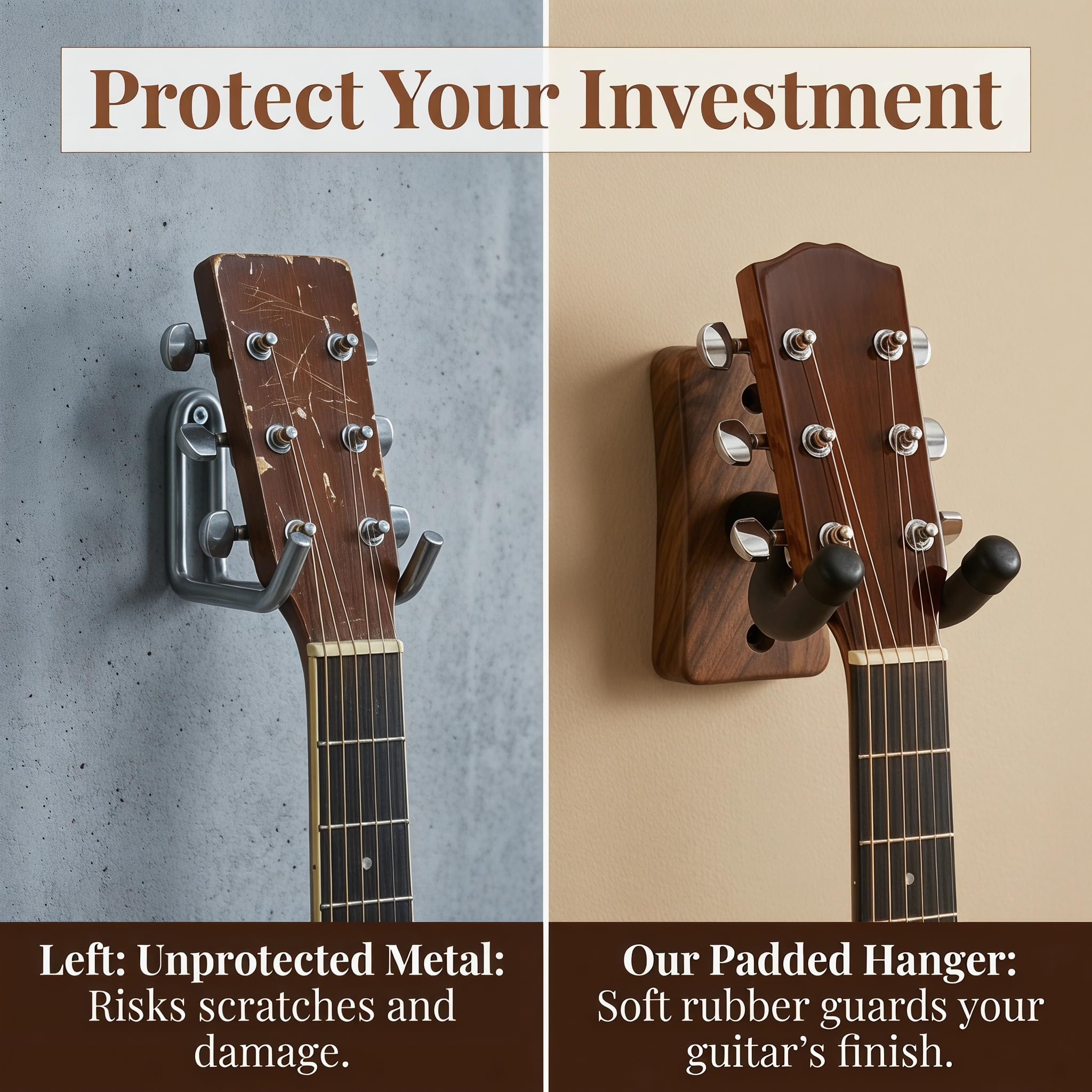 Lot de 4 Supports Muraux en Bois de Noyer Noir pour Guitare Support Mmural pour Guitare et Basses avec Bras Pivotant à 360° et Patin en Caoutchouc Porte Guitare Mural Noyer pour Salon, Studio