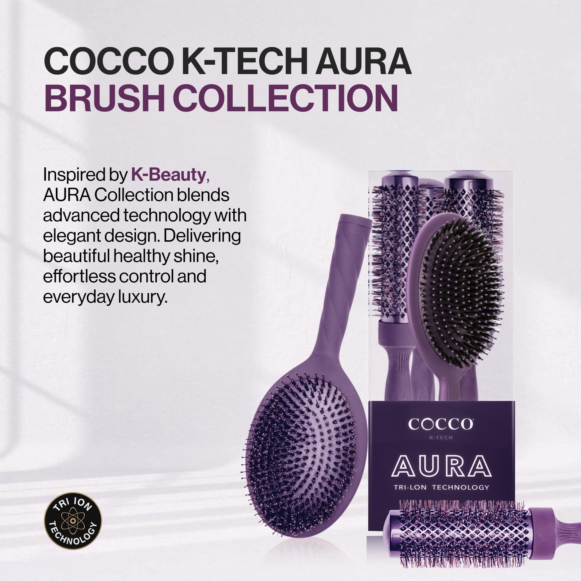 COCCO Aura Brush - Juego de cepillos redondos y de cerámica para mujer, secado y control del encrespamiento, cerdas de turmalina, agarre ergonómico, juego de peinado completo, color morado