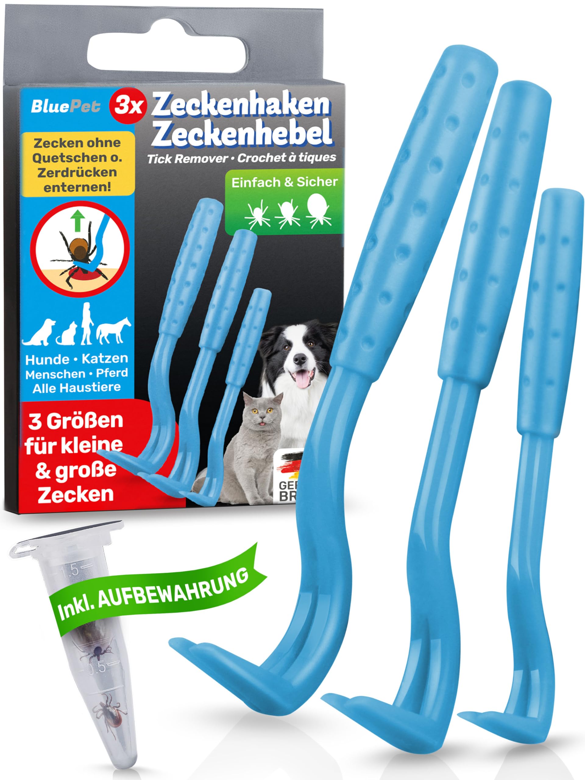 BluePet 3er Set Zeckenhaken für Hunde, Katze, Pferd & Mensch - Zeckenhebel als bewährter Zeckenentferner zur Zeckenzangen I Alternative zu Zeckenpinzette, Zeckendreher, Zeckenschutz & Zeckenmittel