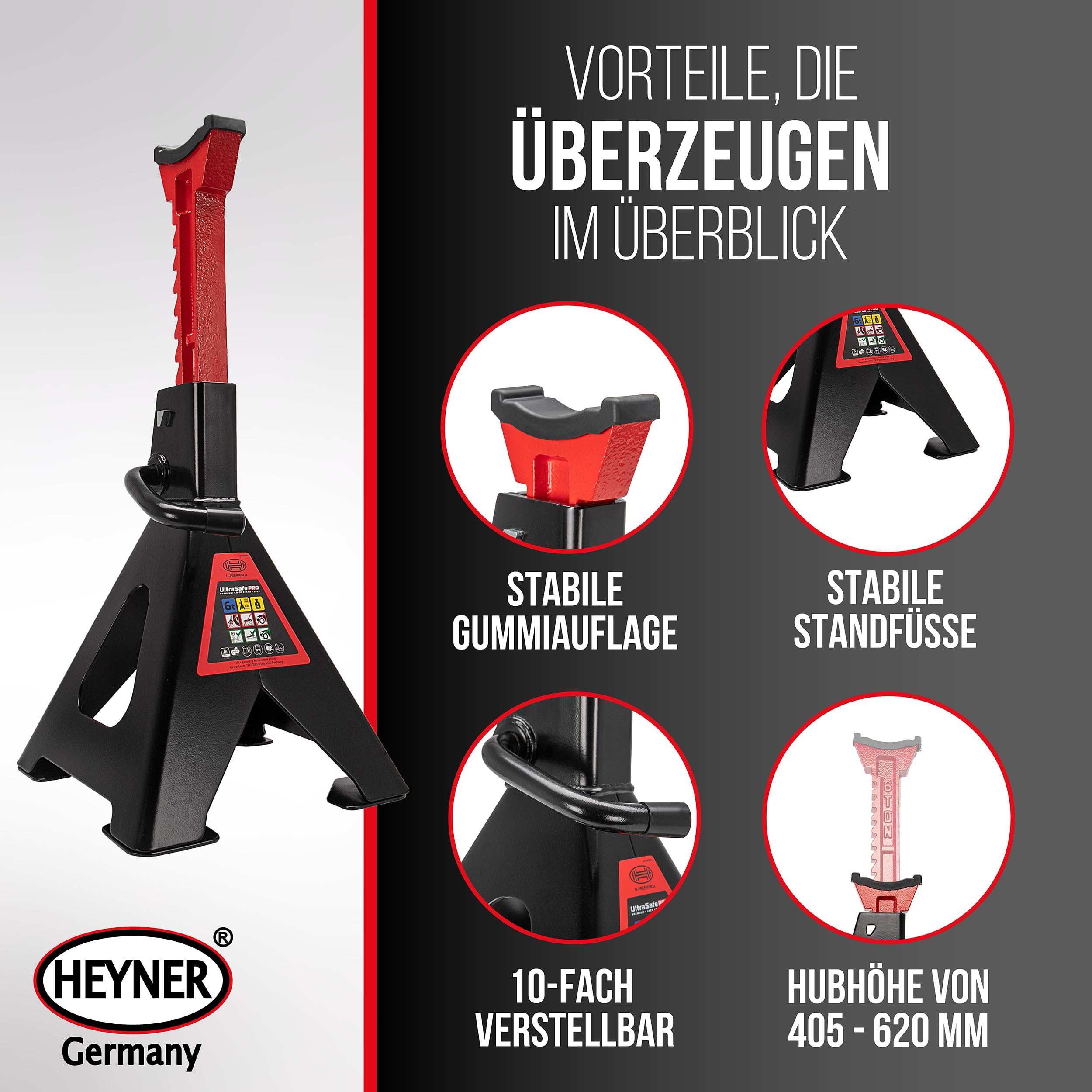 HEYNER® Unterstellbock 2er Set mit Gummiauflage Hubhöhe 400-620 mm TÜV-Zertifiziert Traglast 6t Stützbock Stützfuß 10-Fach Höhenverstellbar