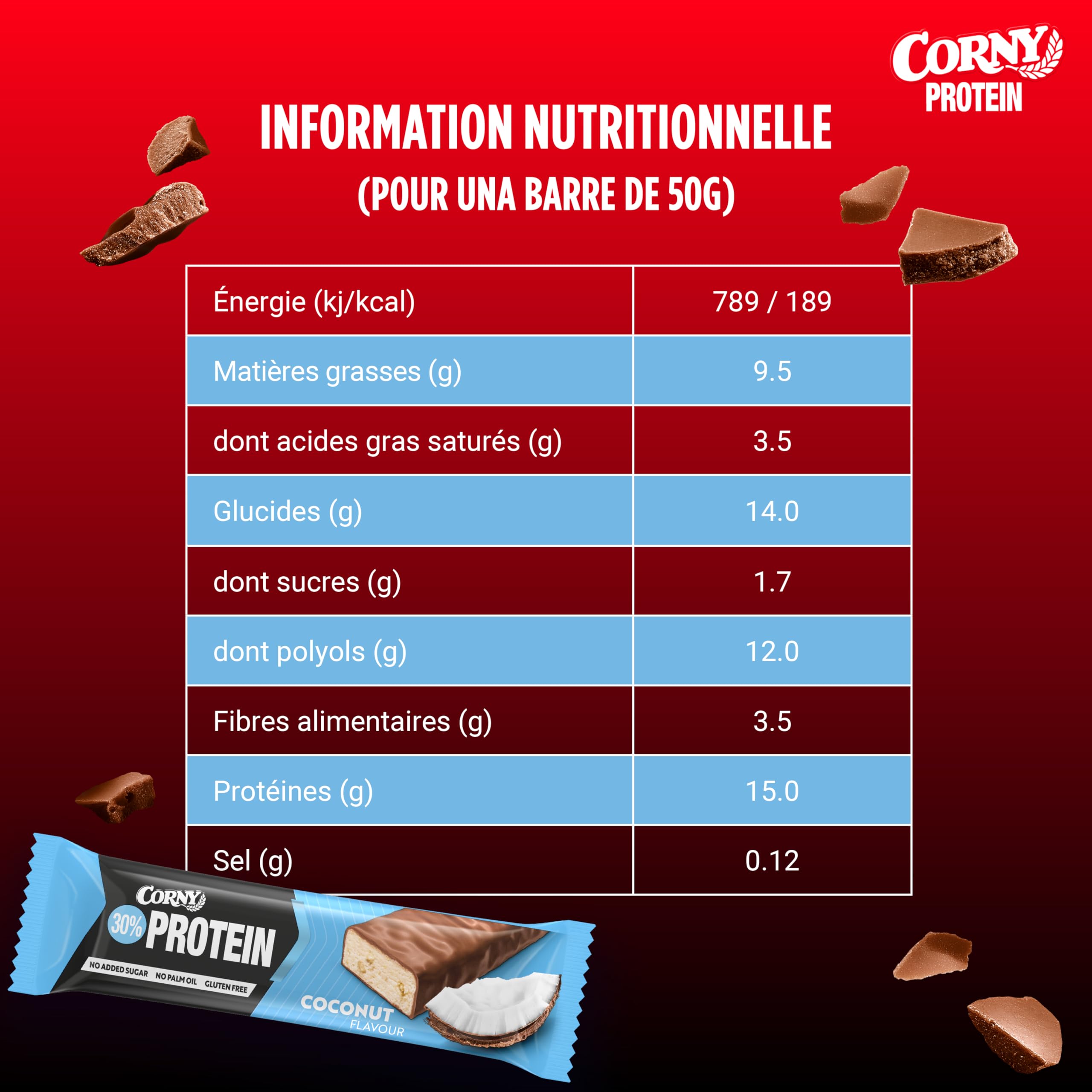 Barres protéinées, Corny Protein,Chocolat et Coco,13,5 gr de protéines, 0% de sucres ajoutés, Pack de 18x50g, Taste the Power