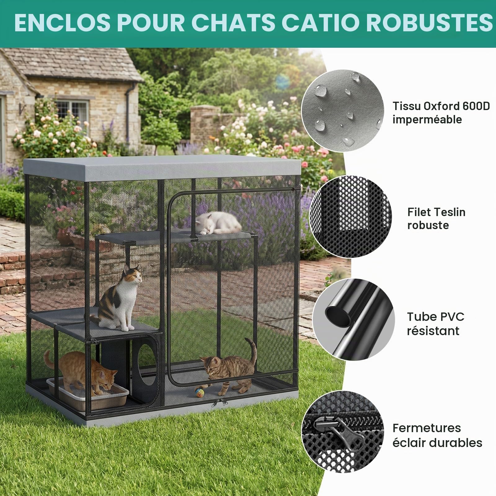 LitaiL Catio Parc Extérieur pour Chats 127 cm 3 Niveaux avec Tente en Maille