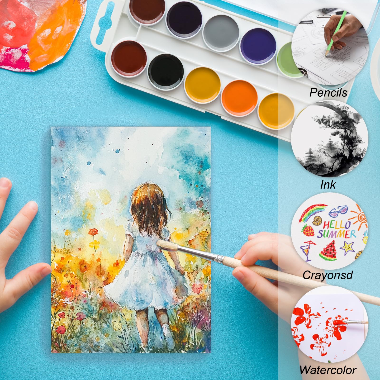 PATIKIL Aquarellpapier 21.59x27.94cm, 300g/m², 128 Blatt, Baumwollfaser Reißfestes Säurefreies Aquarellblock für Künstler Anfänger DIY Basteln, Ideal für Kunstmalerei Nass-in-Nass-Technik