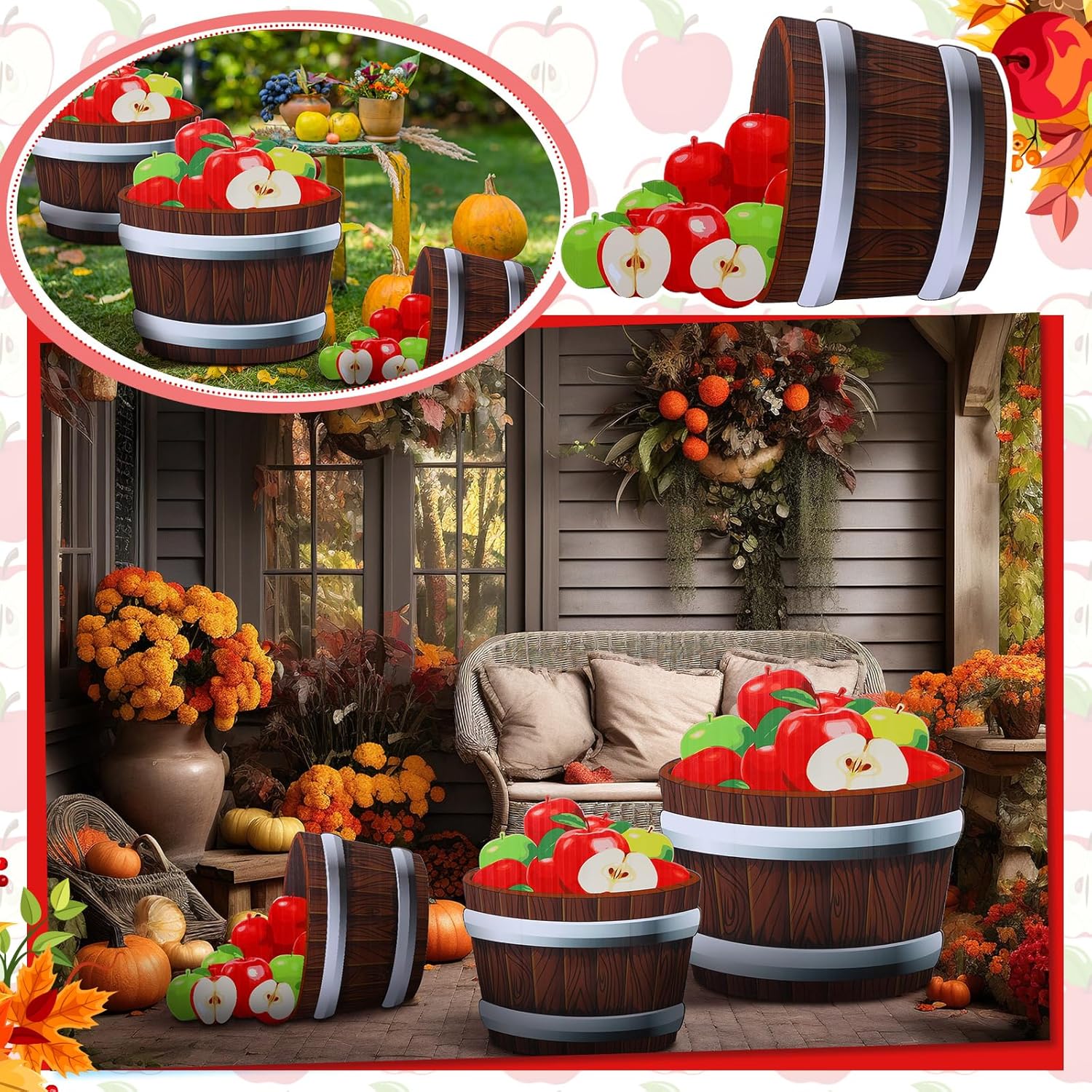 3 Pcs 20"-26" Fall Thanksgiving Harvest Theme Decoration Rustic Apple Orchard Cardboard Cutout Stand-up Set Autumn Farmhouse Apple Barrels Stand-ups Photo Booth Props for Party Supplies