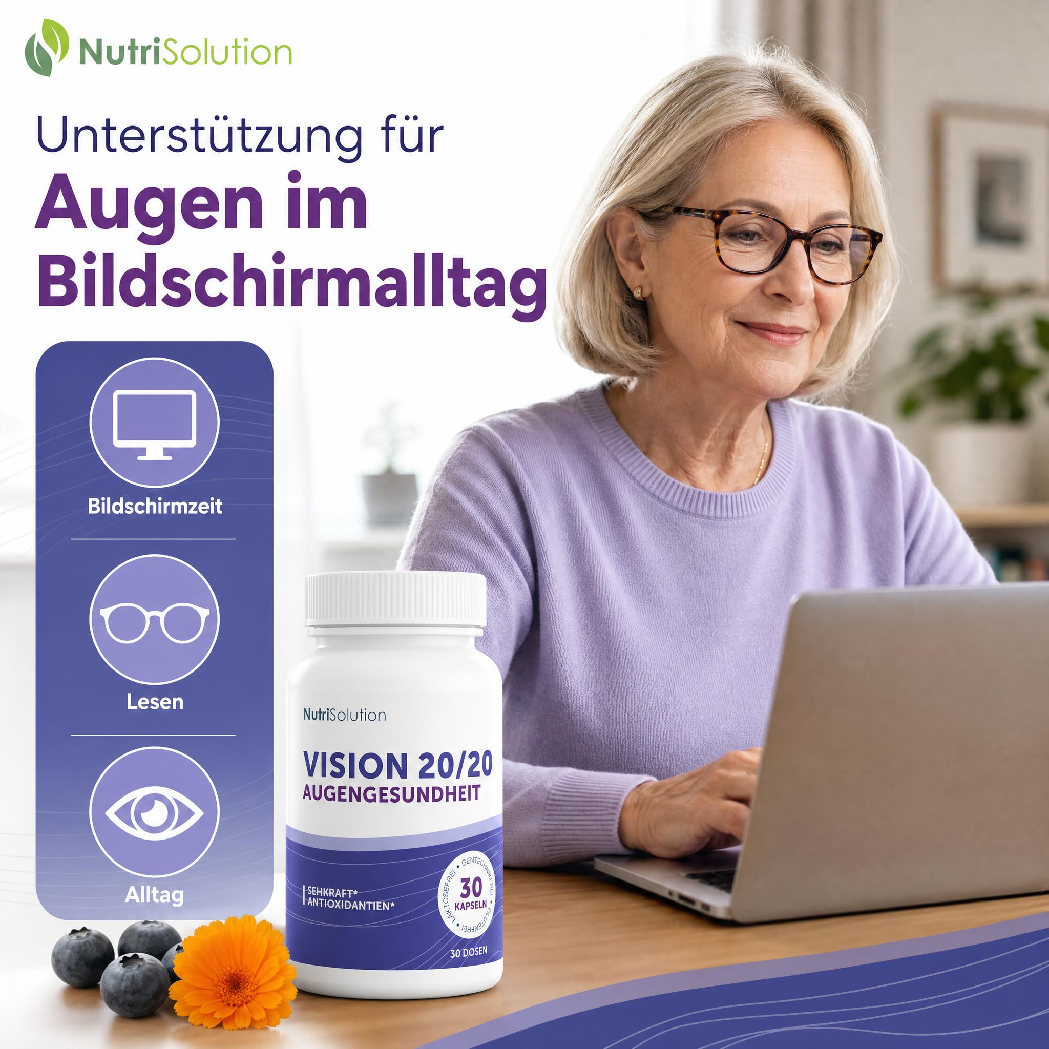 Vision 20/20: Natürliches Nahrungsergänzungsmittel für die Augengesundheit mit Heidelbeere, Lutein & Zeaxanthin – Sehschärfe & Augenermüdung – 30 vegane Kapseln (1)