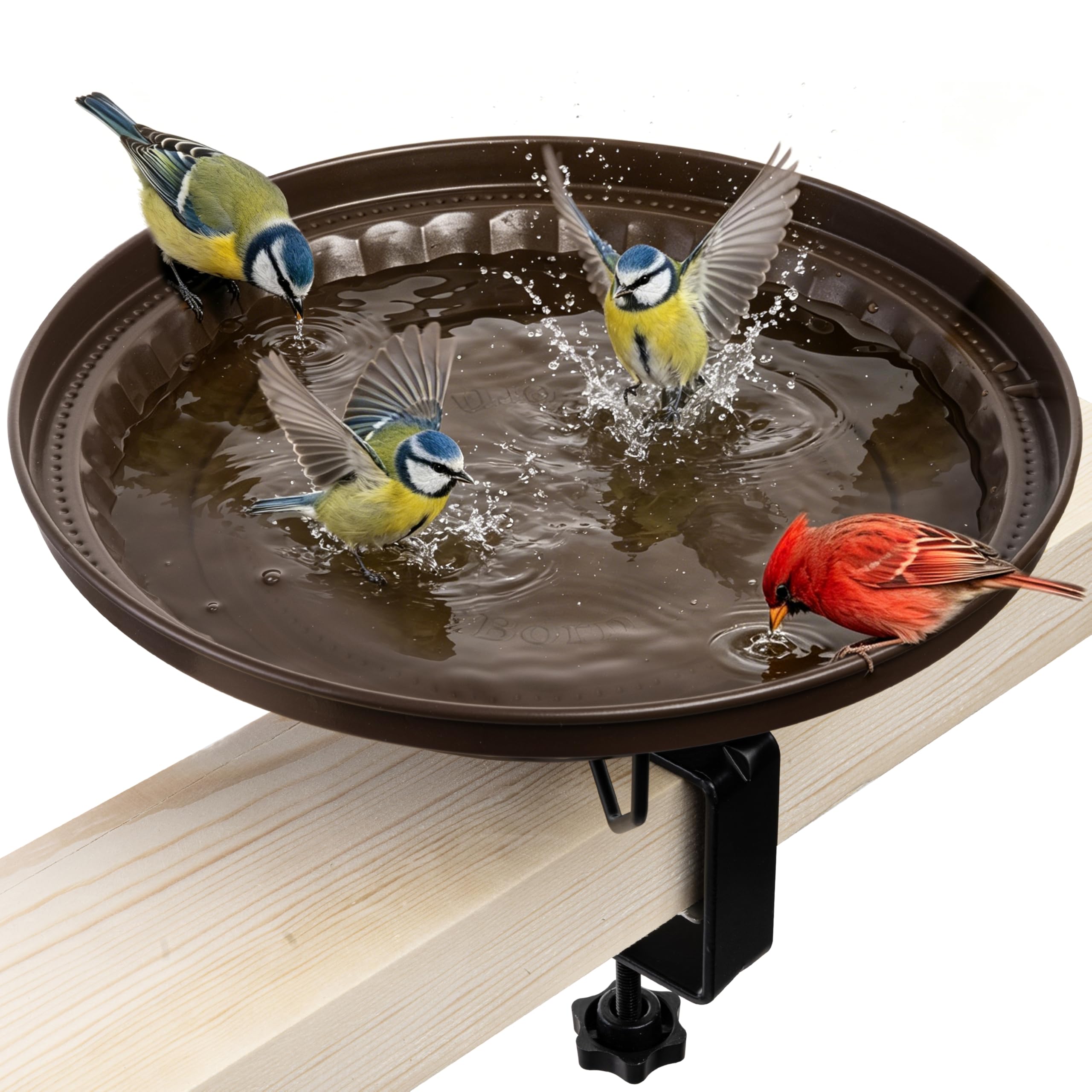 iBorn Metall-Vogelbad, 28 cm für Geländermontage, 8 cm Klemme, vollmetallische rostfreie Schale, eichhörnchensicher, komplett abnehmbar, leicht zu reinigen & befüllen, Bronze, 1 Pack