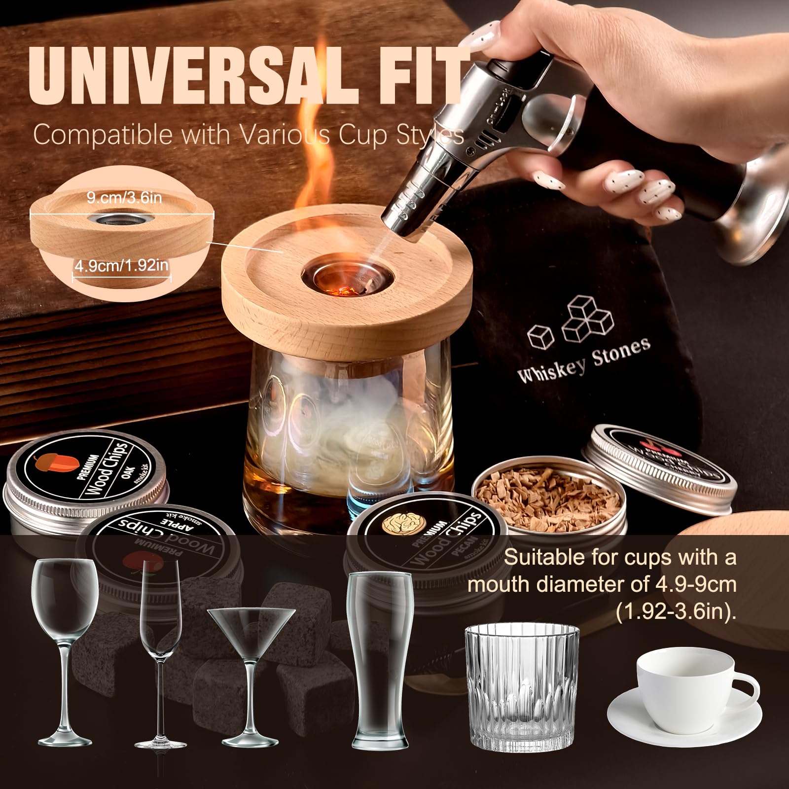 Kit de Fumoir Cocktail, MKNZOME Kit de Fumoir à Whisky à l'ancienne avec 4 Saveurs de Copeaux de Bois Ensemble Fumeur Cocktail Cadeau d'anniversaire Noël Fête des Pères pour Homme, Papa, Mari