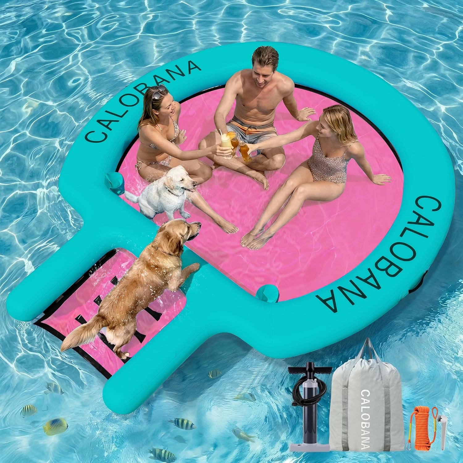 CALOBANA Water Hammock with Ramp, Inflatable Round Floating Ring with Ladder for Adults Pets, Heavy Duty Floating Dock with Dog Ramp Cup Holder Tanning Raft for Lake, River, or Boat Party