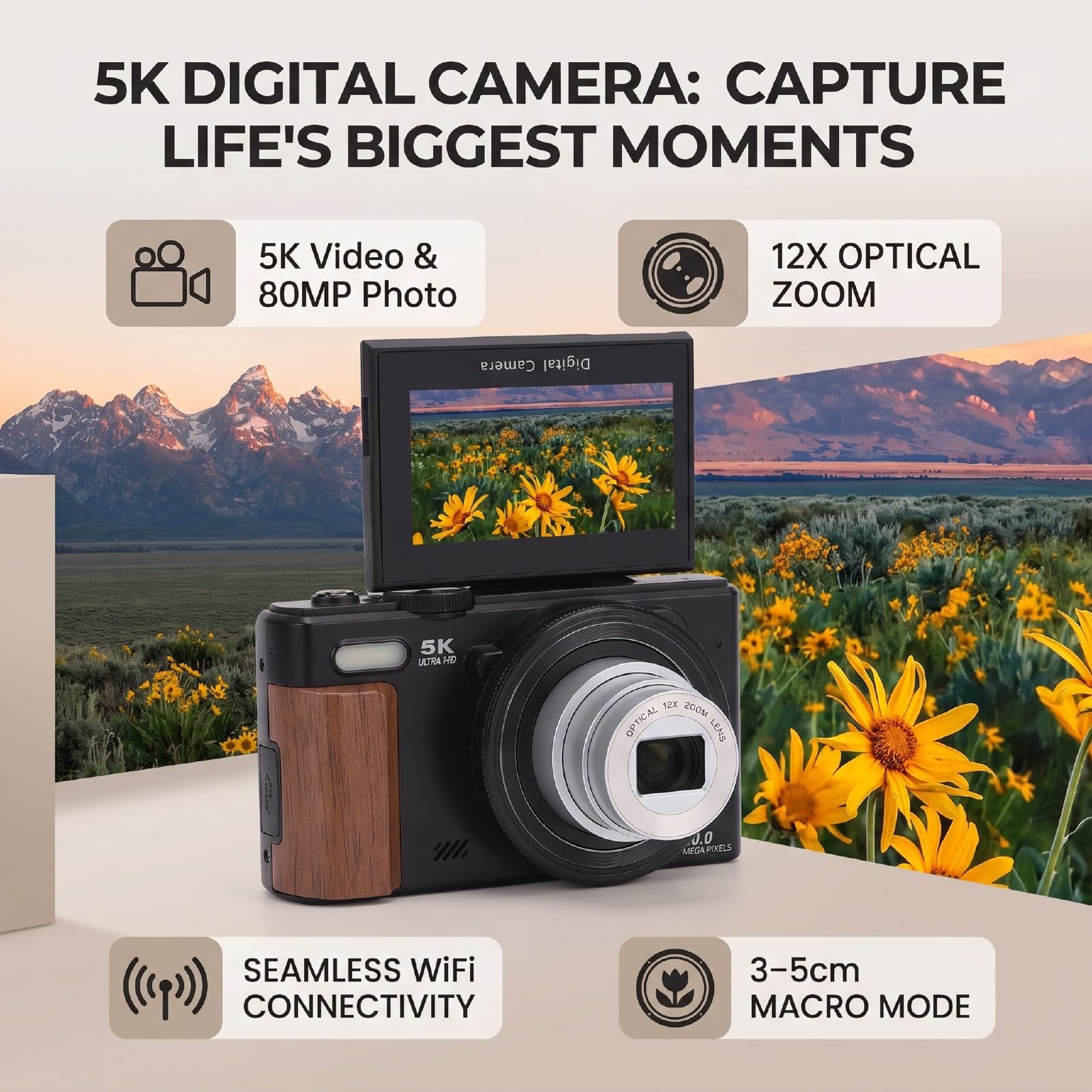 Bewinner Cámara Digital 5K para Vlogging de Fotografía de Viajes | Cámara sin espejo de 80MP con pantalla abatible 180 de 3 pulgadas, enfoque automático con zoom óptico de 12X, cámara WiFi
