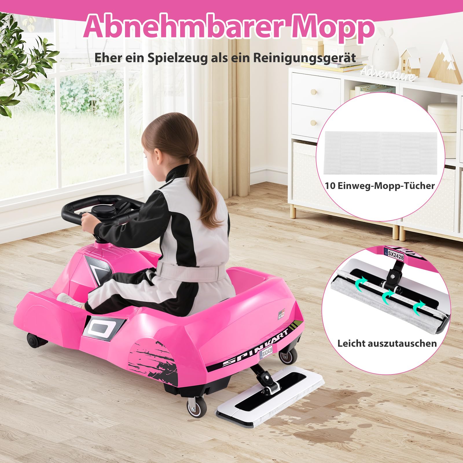 COSTWAY 3 in 1 Reinigungs Kinder Elektro Gokart, 12V Cleaning Drift Kart mit abnehmbarem Mopp, 2-4 km/h, Go Cart mit Musik, Fernbedienung & Hupe, Kinderfahrzeug Tretauto für 2-5 Jahren Kinder (Rosa)