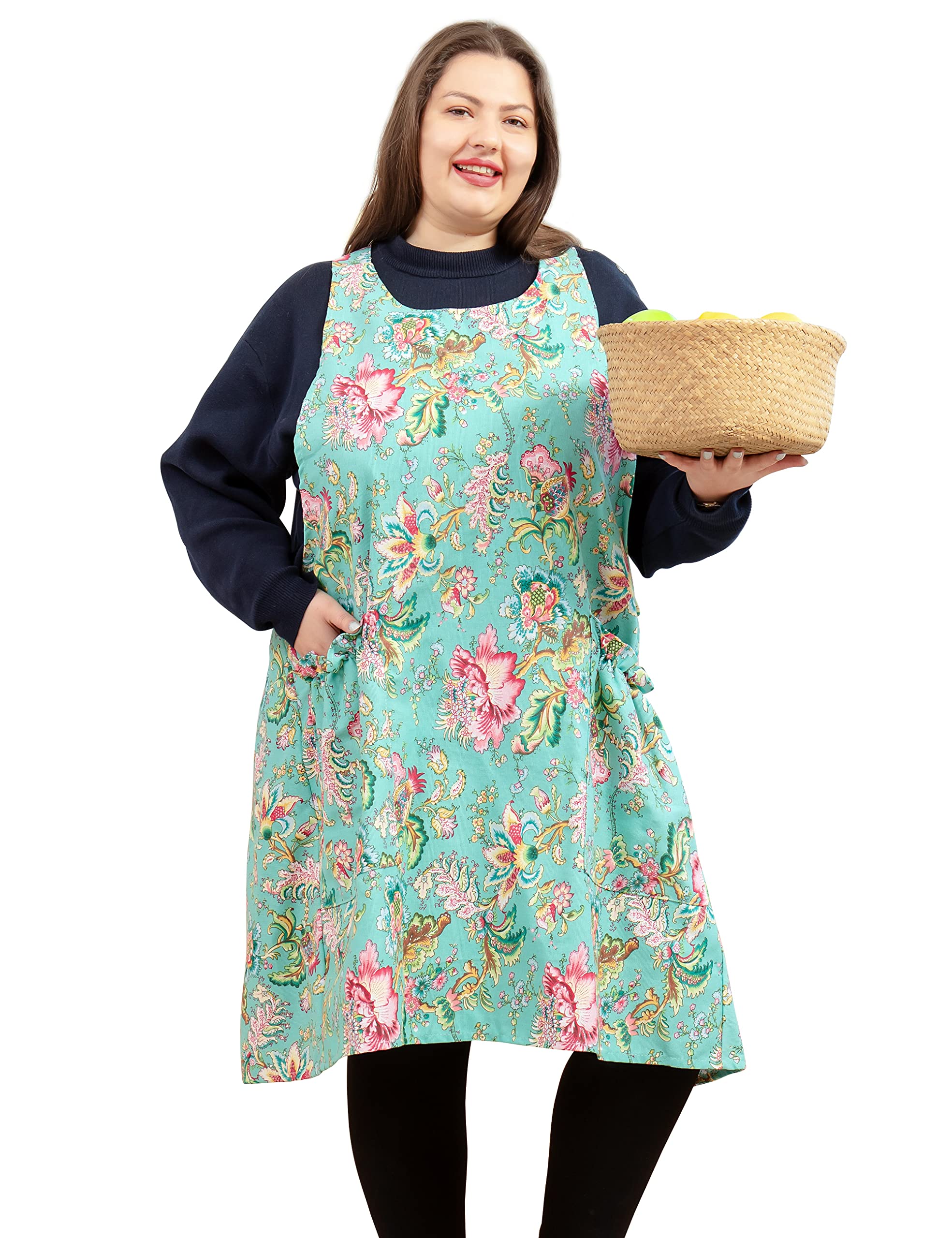 Big Plus Size Aprons for Women with Pockets Cotton Linen Baking Kitchen Cooking, Noble Flower, Large