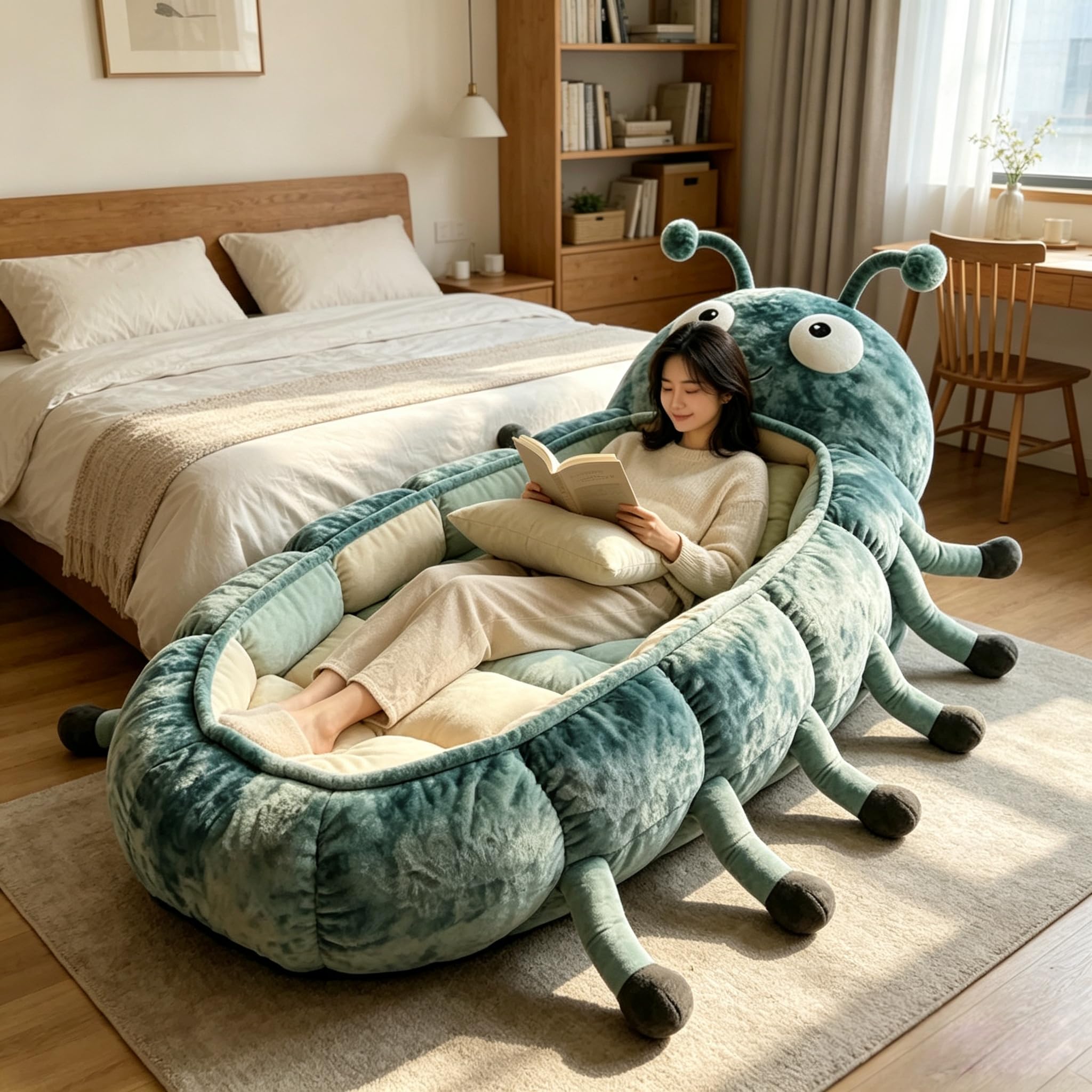 Hugging Caterpillar Sleeping Bag for Adults, Plush Cocoon Animal Sleeping Bags with Pull Cord, Giant Plush Floor Lounger, Indoor Sleep Nap Pod, Cozy Reading Nest, Travel & Indoor Use - 3