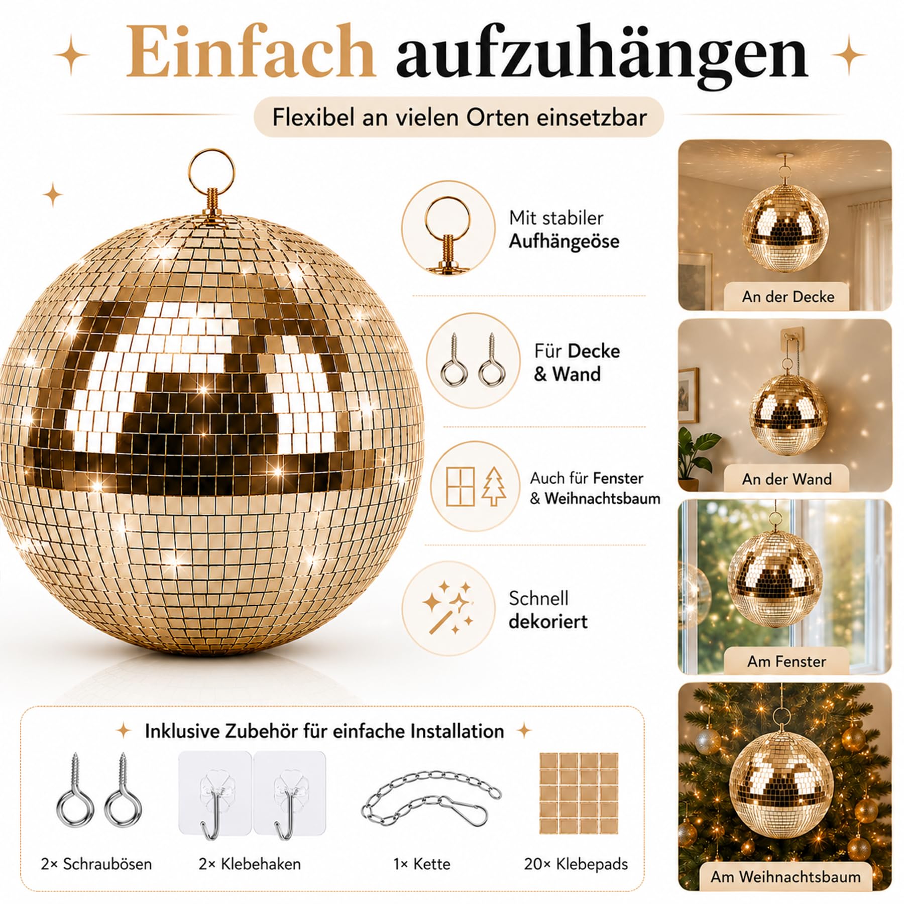 Boule disco de 25 cm - Boules disco à suspendre - Boule de miroir de 25 cm avec mini miroir autocollant et crochet autocollant - Boules de miroir - Boule disco - Boule de miroir - Boule disco idéale