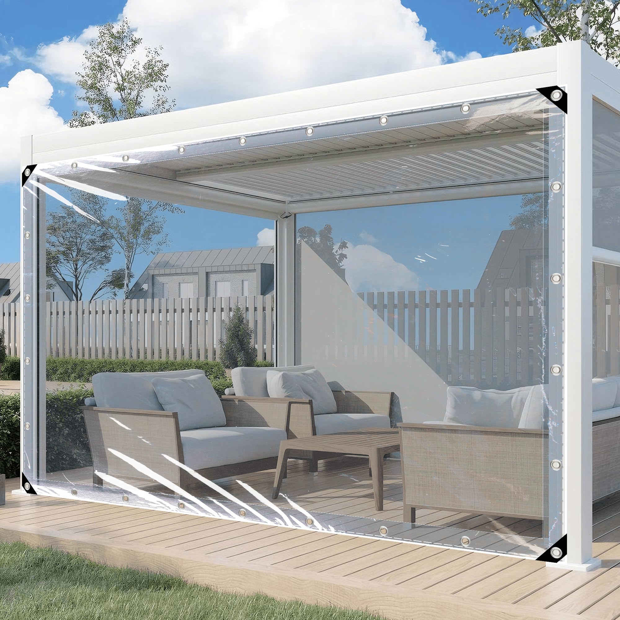 Toldo transparente impermeable contra viento y polvo en terrazas de exterior