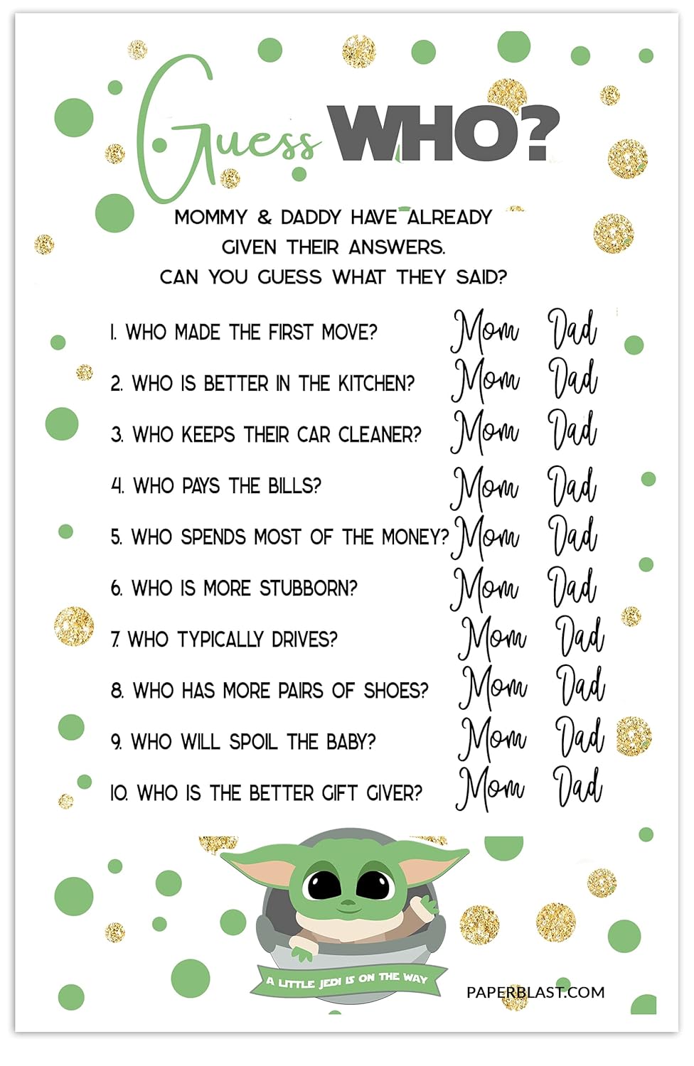 Yoda Baby Shower Game Mommy or Daddy Guessing Game Australia Ubuy